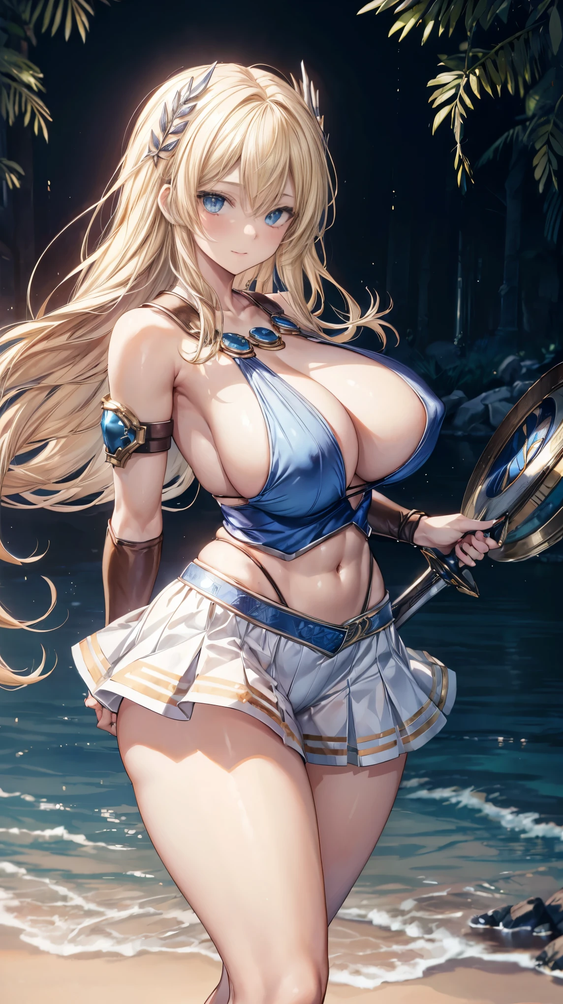 sensual, long blonde hair, thick thighs, 8K, 4K, highest quality, High resolution:1.2), cute anime face, noise reduction, shining blue eyes, gentle smile, Gentle eyes、toned abdominal muscles, muscular arms, muscular legs, young face, anime eyes, (((big breasts、Breasts that are about to burst)))、(((model pose)))、sophitia、sword、shield