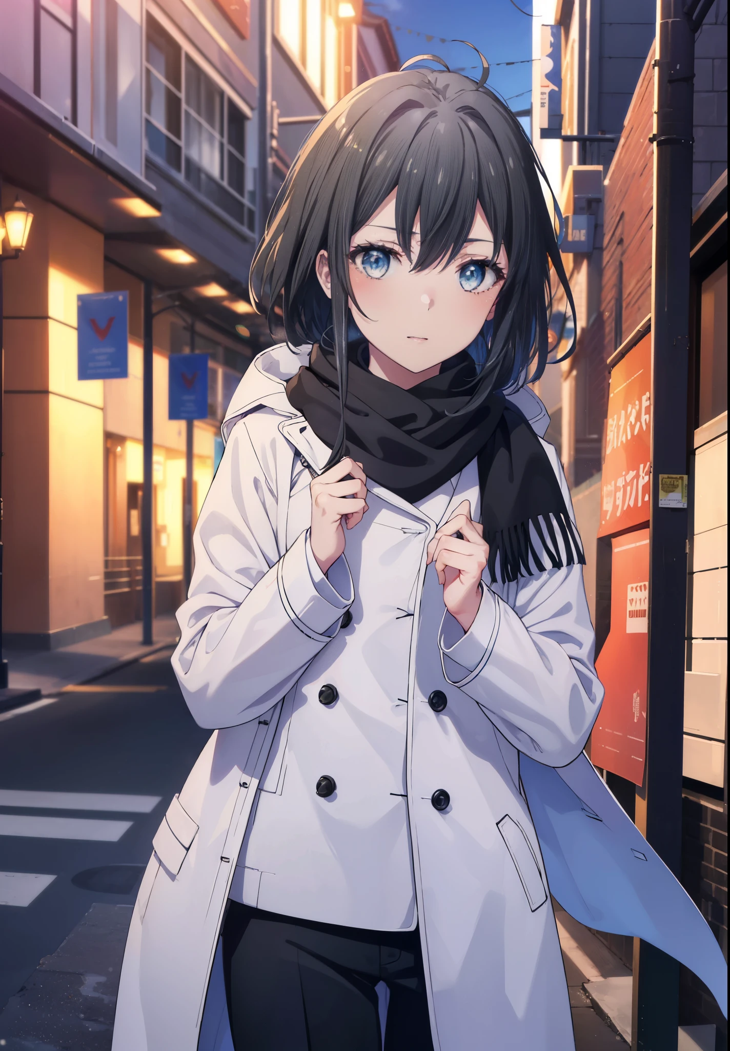 Yukiyuki Yukinoshita, Yukinoshita Yukino, black hair, blue eyes, short hair, Ahoge,blush,smile,white long coat,black sweater,Scarf,skinny pants,stiletto heels,daytime,winter,
break outdoors, In town,building street,
break looking at viewer, (cowboy shot:1.5),
break (masterpiece:1.2), highest quality, High resolution, unity 8k wallpaper, (figure:0.8), (beautiful and fine eyes:1.6), highly detailed face, perfect lighting, Very detailed CG, (perfect hands, perfect anatomy),