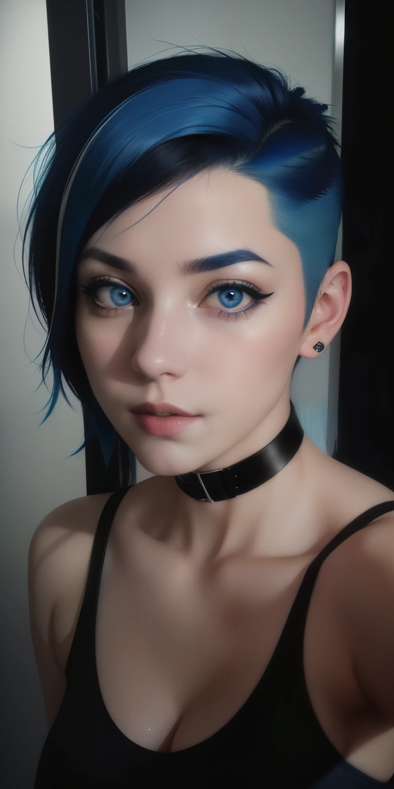 1 woman, ((upper body selfie)), ((selfie shot:0.5)), half body portrait, (realistic photo), (college emo), (20 years), (wrinkles:0.3), (flirty expression), (cute face:1.5), (punk school girl), look at viewer,facing me, ((undercut blue hair)), (emo blue hair), punk blue hair, perky chest, amateur, girlfriend, (big nose), (eye-liner), ((dark eyes)), black choker, ((Blue Hair)), fair skin, pale skin, RAW photo, low key, volumetic,dof, film grain, (quality photo, digital), (centered), (hyper-realistic: 1.5), realism, Bathroom