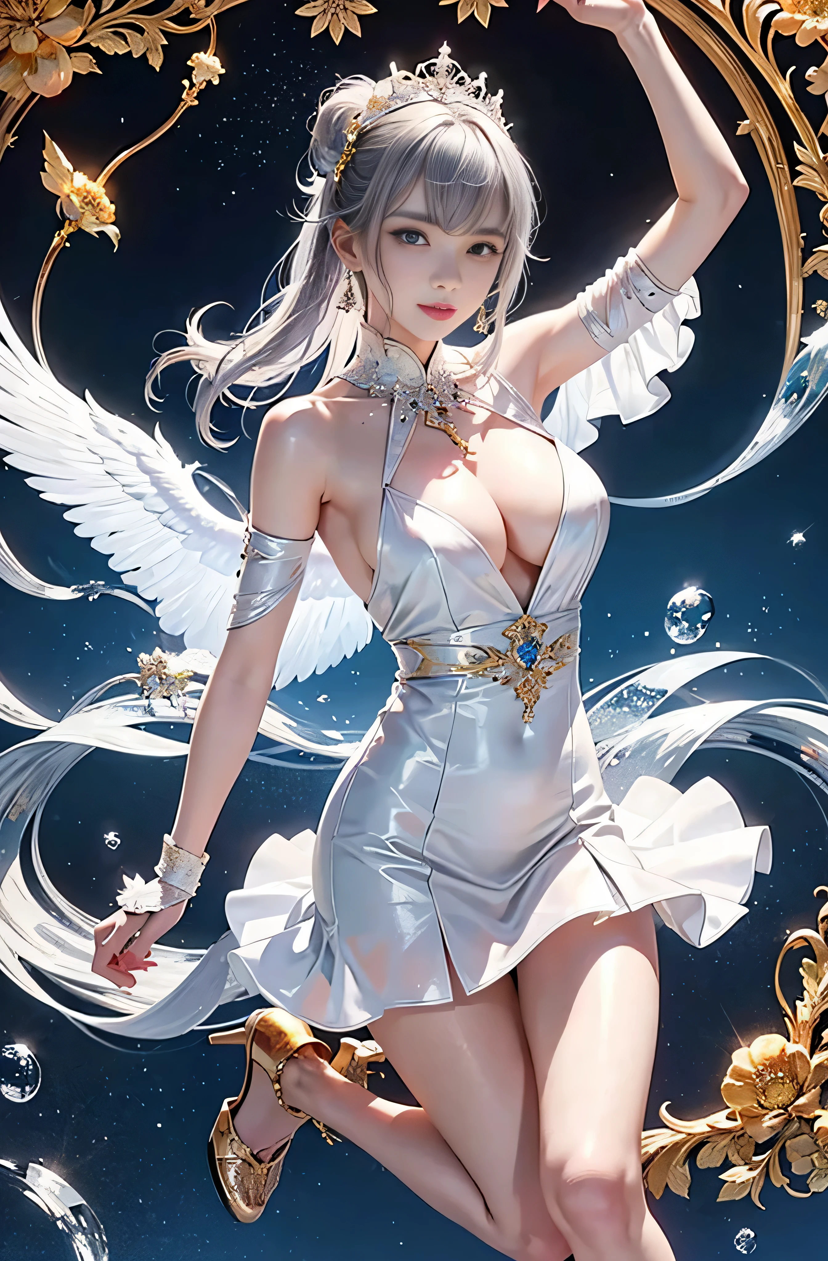 8K、real photos、ultra high resolution, master parts, highest quality, ticker , cinematic images,nice girl、Ann、1６talent、Annグロサクソン人、eyes are purple、double eyelid、very垂れ目、（very, very大きな瞳：1.9）、dark eye shadow、very薄い唇、The tip of your nose grows beautifully..、the tip of the nose is small,,,,, very detailed ,silver hair、straight hair、very smiling、 sweet expression 、very beautiful woman、long legs、big chest、 very clear shadows , jewelry , fine eyes,  shiny skin , パーフェクトブリリAnnト, perfect sentence, dramatic shadow 、She wears a white see-through dress、Gold embroidery all over the dress、white high heels、white tiara on head、gold necklace、Angel wings on the back、holding a bouquet of flowers in both hands