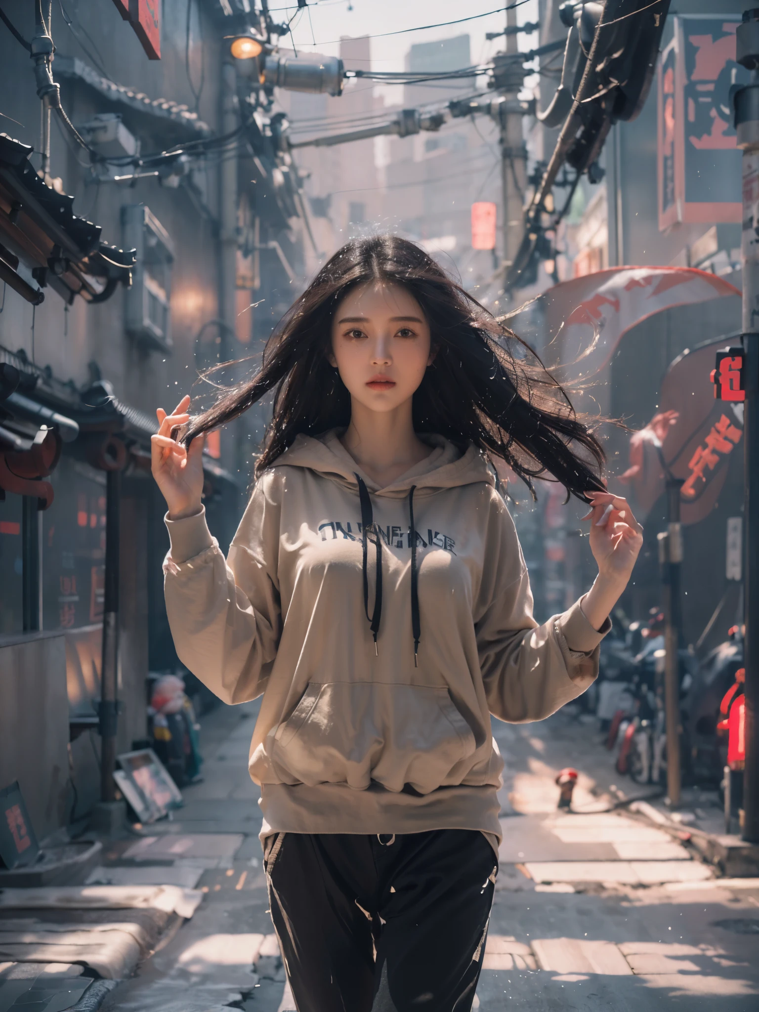 Dancing, woman dancing pose, Best quality at best, Raw image, realistic texture, ((reflection)), steampunk city of Japanese, village of Japanese, japan gate, Chinese architecture, Japanese architecture, 1girl, beautiful chinese face, eye focus, (girl focus), wear focus, sneaker focus, (relax pose), relax hand, black gradient white hair, epic dramatic cinematic tone, soft lighting, (( perfect female hair masterpiece)), (SLIM long PANTS), light black hair, 18-year-old face woman, detail of beautiful eye masterpiece, pores1.5, detail skin masterpiece, realistic shadow, slender legs, very slender female physique, yellow jumper hoodie, oversize hoodie, cotton wearing masterpiece, realistic texture sneakers shoe, tall girl, brunette black hair, Chinese woman, Live the life of Riley, ((long solid cotton trousers)), clear sky, cyberpunk style, (youth sneaker shoe), ((Depth of field super bokeh)), reflection, lighting from side masterpiece, dramatic side lighting, Background blur, light ray realistic masterpiece, warm sun light, warm ray light, glow lighting, random light color for the best combination, (best texture masterpiece (texture girl cotton wearing, book, television, radio, box, realistic alleyway, realistic brick walls, realistic doors, realistic windows, realistic ground texture, realistic cobblestone, realistic paved ground, realistic street lights, realistic neon signs, realistic beverage cans, realistic bottles, realistic posters, realistic graffiti, realistic drain pipes, realistic wiring, realistic sky, realistic rooftop, realistic plants, realistic weeds, realistic parked bicycles, realistic wood material, realistic puddles, realistic wet)), vivid color, vivid glow color masterpiece, slim cotton trousers, youth hoodie, super cotton wearing, beauti face, ((random best contrast setting)), japan gate, japan wood pillar, ((Japanese building)), cyberpunk city, water, water in the ground, wet in the ground, (ultra wall texture),((vivid color)),