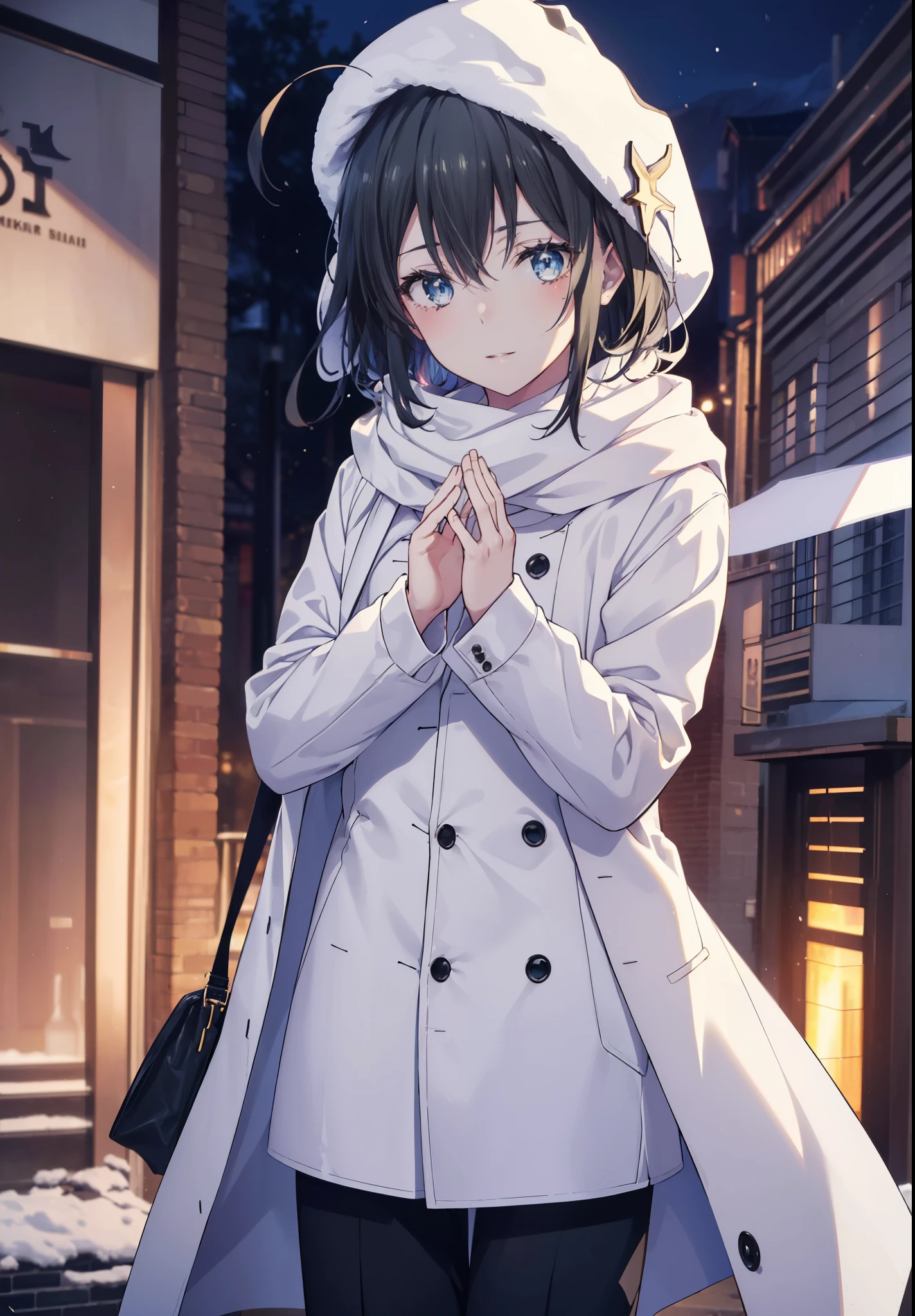 Yukiyuki Yukinoshita, Yukinoshita Yukino, black hair, blue eyes, short hair, Ahoge,blush,smile,white long coat,black sweater,Scarf,skinny pants,stiletto heels,daytime,winter,
break outdoors, In town,building street,
break looking at viewer, whole body,(cowboy shot:1.5),
break (masterpiece:1.2), highest quality, High resolution, unity 8k wallpaper, (figure:0.8), (beautiful and fine eyes:1.6), highly detailed face, perfect lighting, Very detailed CG, (perfect hands, perfect anatomy),