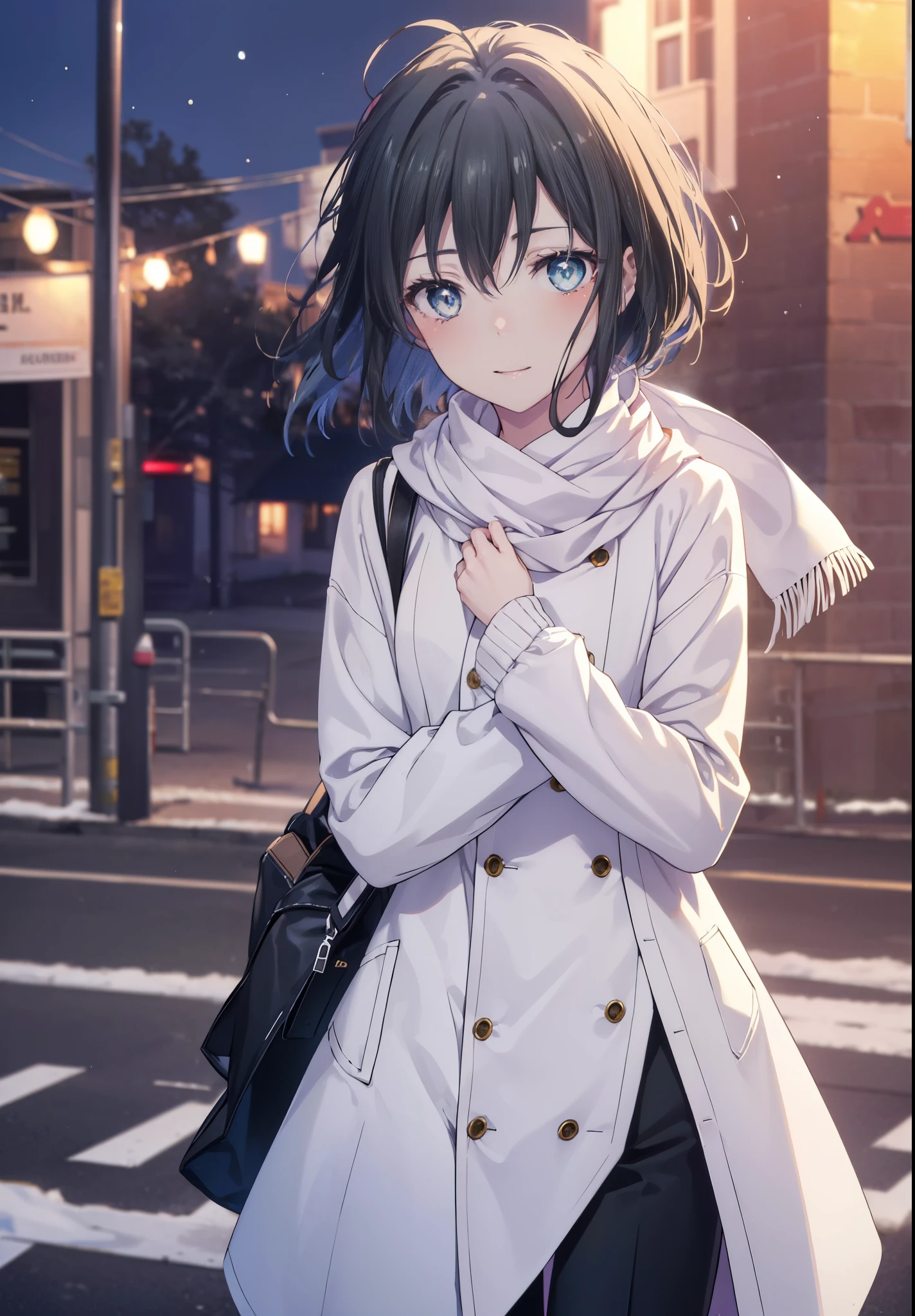 Yukiyuki Yukinoshita, Yukinoshita Yukino, black hair, blue eyes, short hair, Ahoge,blush,smile,white long coat,black sweater,Scarf,skinny pants,stiletto heels,daytime,winter,
break outdoors, In town,building street,
break looking at viewer, whole body,(cowboy shot:1.5),
break (masterpiece:1.2), highest quality, High resolution, unity 8k wallpaper, (figure:0.8), (beautiful and fine eyes:1.6), highly detailed face, perfect lighting, Very detailed CG, (perfect hands, perfect anatomy),
