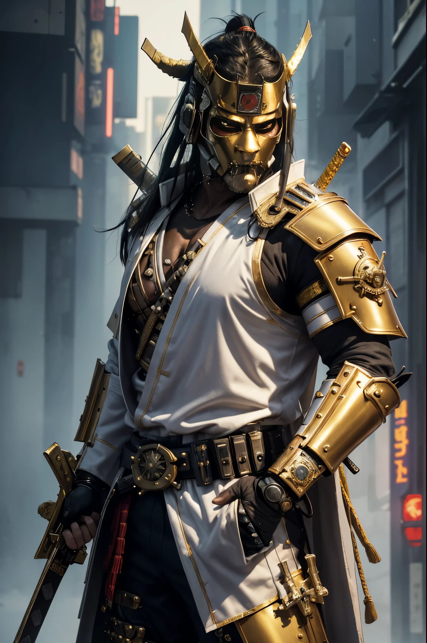 (best quality,4k,8k,highres,masterpiece:1.2),ultra-detailed,(realistic,photorealistic,photo-realistic:1.37),(urban samurai wearing a demon mask:1.35),full body,(armed with a long and large Japanese sword),(facing front),(white and gold cyberpunk military cloth armor:1.5),(cyberpunk Tokyo city background),portraits,sharp focus+(vivid colors:0.9),HDR,studio lighting,physically-based rendering,extreme detail description,bokeh+(light fog:0.9)+(neon lights:0.9)