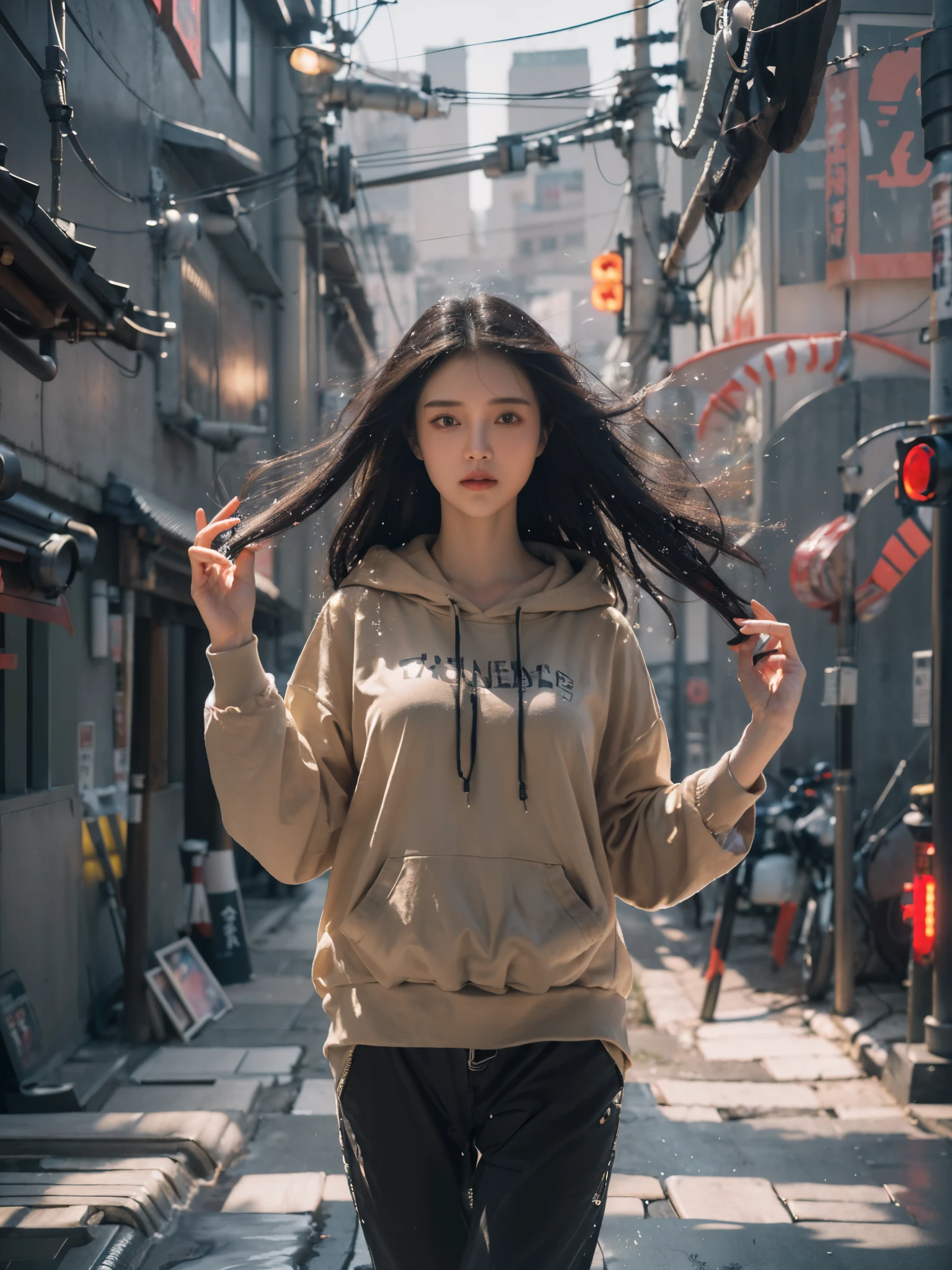Dancing, woman dancing pose, Best quality at best, Raw image, realistic texture, ((reflection)), steampunk city of Japanese, village of Japanese, japan gate, Chinese architecture, Japanese architecture, 1girl, beautiful chinese face, eye focus, (girl focus), wear focus, sneaker focus, (relax pose), relax hand, black gradient white hair, epic dramatic cinematic tone, soft lighting, (( perfect female hair masterpiece)), (SLIM long PANTS), light black hair, 18-year-old face woman, detail of beautiful eye masterpiece, pores1.5, detail skin masterpiece, realistic shadow, slender legs, very slender female physique, yellow jumper hoodie, oversize hoodie, cotton wearing masterpiece, realistic texture sneakers shoe, tall girl, brunette black hair, Chinese woman, Live the life of Riley, ((long solid cotton trousers)), clear sky, cyberpunk style, (youth sneaker shoe), ((Depth of field super bokeh)), reflection, lighting from side masterpiece, dramatic side lighting, Background blur, light ray realistic masterpiece, warm sun light, warm ray light, glow lighting, random light color for the best combination, (best texture masterpiece (texture girl cotton wearing, book, television, radio, box, realistic alleyway, realistic brick walls, realistic doors, realistic windows, realistic ground texture, realistic cobblestone, realistic paved ground, realistic street lights, realistic neon signs, realistic beverage cans, realistic bottles, realistic posters, realistic graffiti, realistic drain pipes, realistic wiring, realistic sky, realistic rooftop, realistic plants, realistic weeds, realistic parked bicycles, realistic wood material, realistic puddles, realistic wet)), vivid color, vivid glow color masterpiece, slim cotton trousers, youth hoodie, super cotton wearing, beauti face, ((random best contrast setting)), japan gate, japan wood pillar, ((Japanese building)), cyberpunk city, water, water in the ground, wet in the ground, (ultra wall texture),((vivid color)),