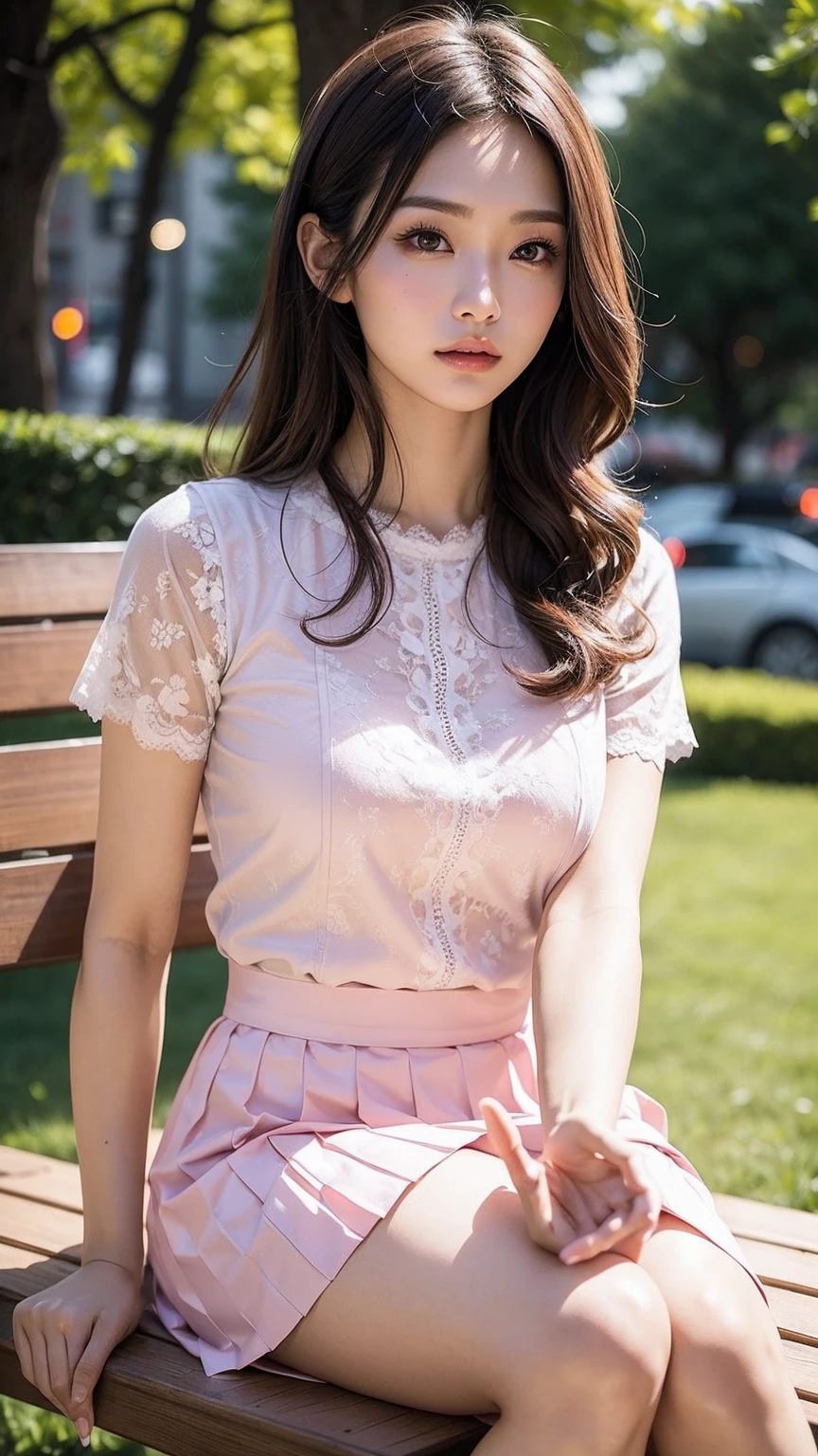 ((upper body)), Shot from a random perspective, 20-year-old Asian model, slim, Slimming the waist, Heavy makeup, Gorgeous makeup, delicated face, cabellos largos dorados, curlies, Pink lace shirt, White pleated skirt, slender leg, Cross ed leg, In the park, Sit Pose, sitting on a bench, simple backgound, warm lights, a warm color palette, Dynamic pose, posing elegantly, tmasterpiece