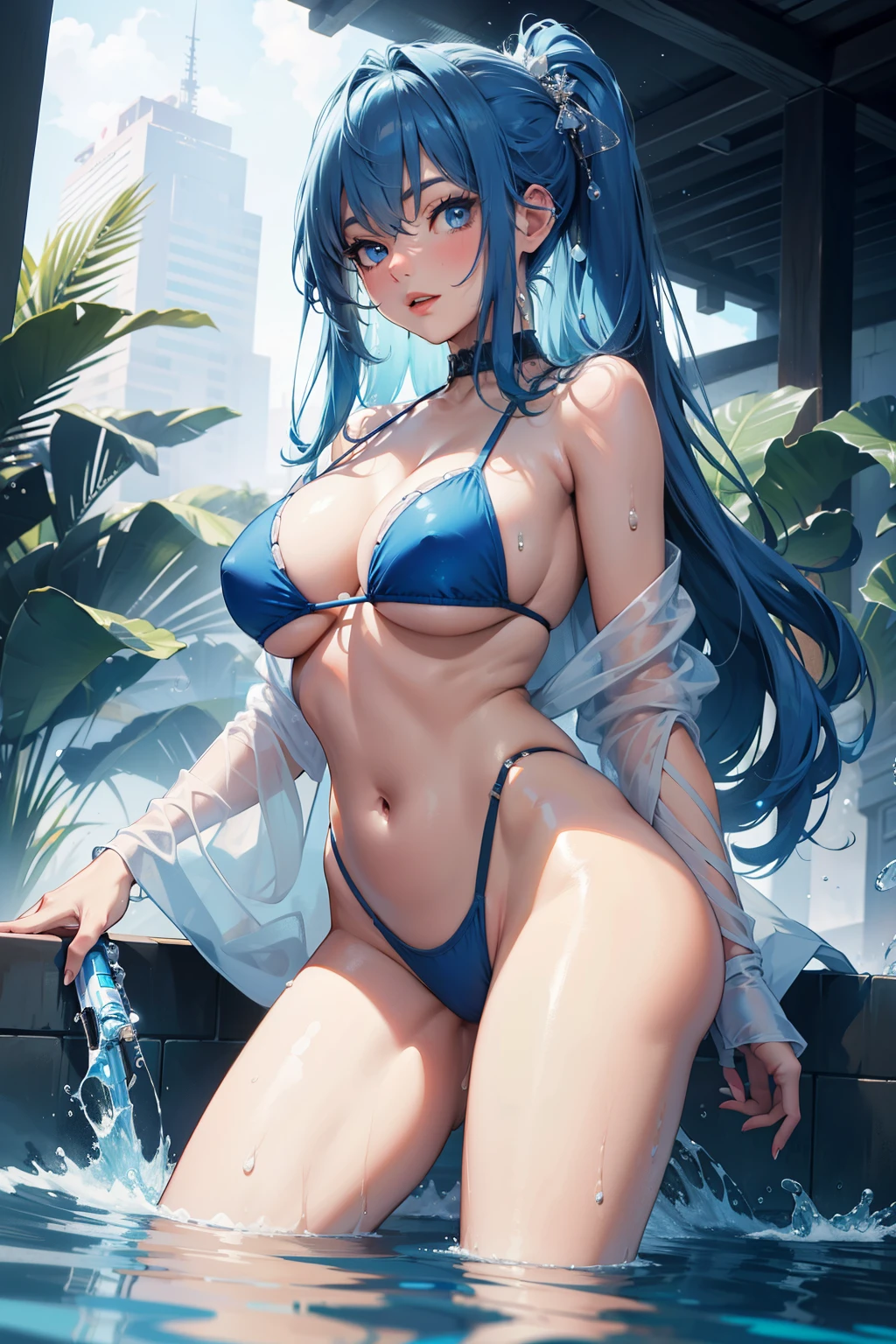 8k high resolution, capacity for eight thousand pixels, counts every detail, maximum quality image, A work of art, Ultra-high image quality, Ultra-detailed, Super lovely, Ultra-detailed hair quality, Super lovely, carrying, lesbian full body portrait, Enchanting gaze, Water gun, Translucent bikini, Beautiful women, Long blue hair, Double tails, Blue eyes, Brilliant skin, Swollen breasts, Large buttocks, Water droplets running down the skin, The bottom is a fantastic night pool scene.