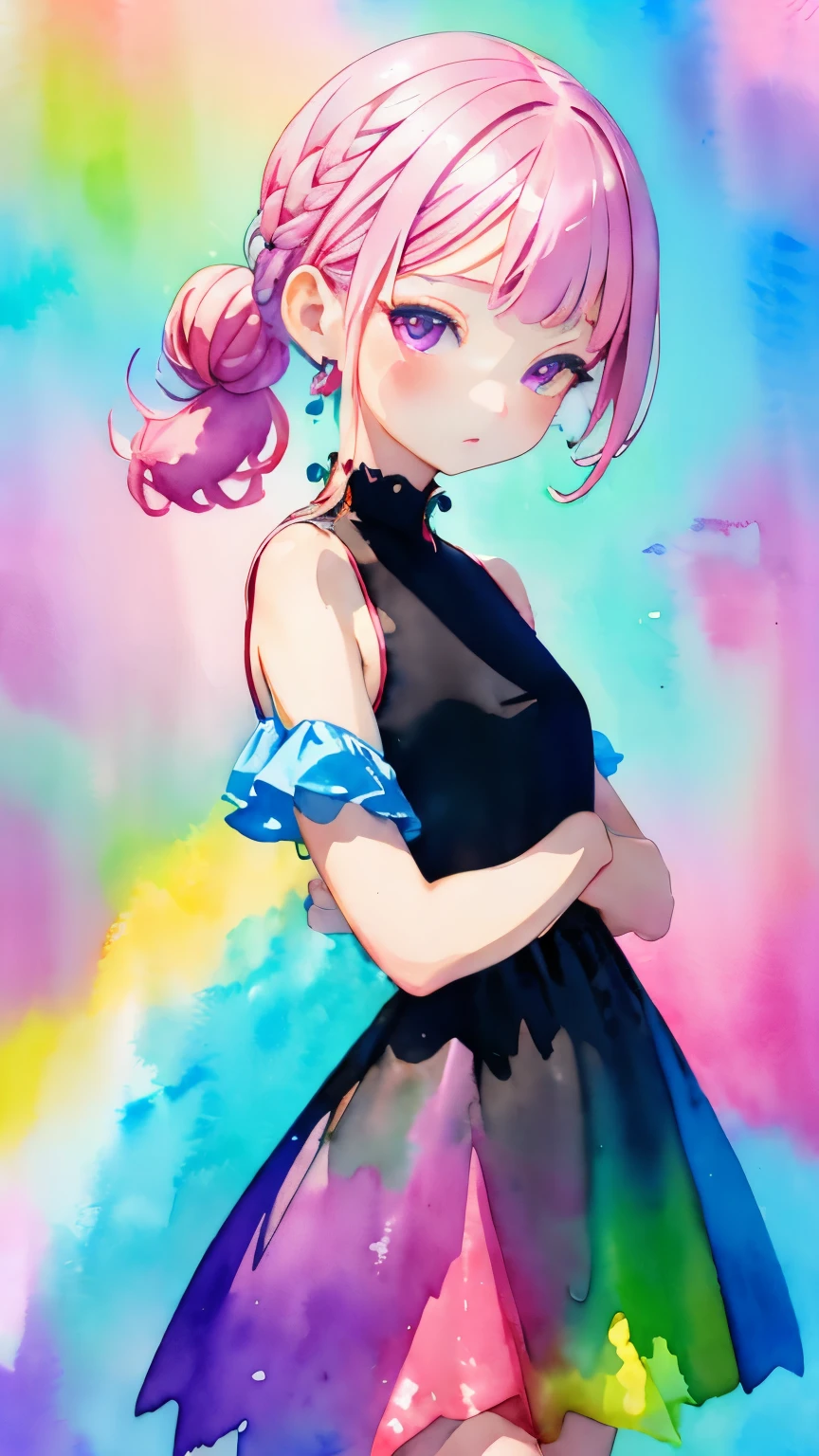 (((Bright colored watercolor style background:1.2)))、one girl、16talent、anatomy、small face、small、small鼻、Pale pink eyes、Loosely braided low ponytail、light pink hair、small breasts、black dress open neck dress、random pose、highest quality、High resolution、High resolution、cinematic lighting、professional photographer、