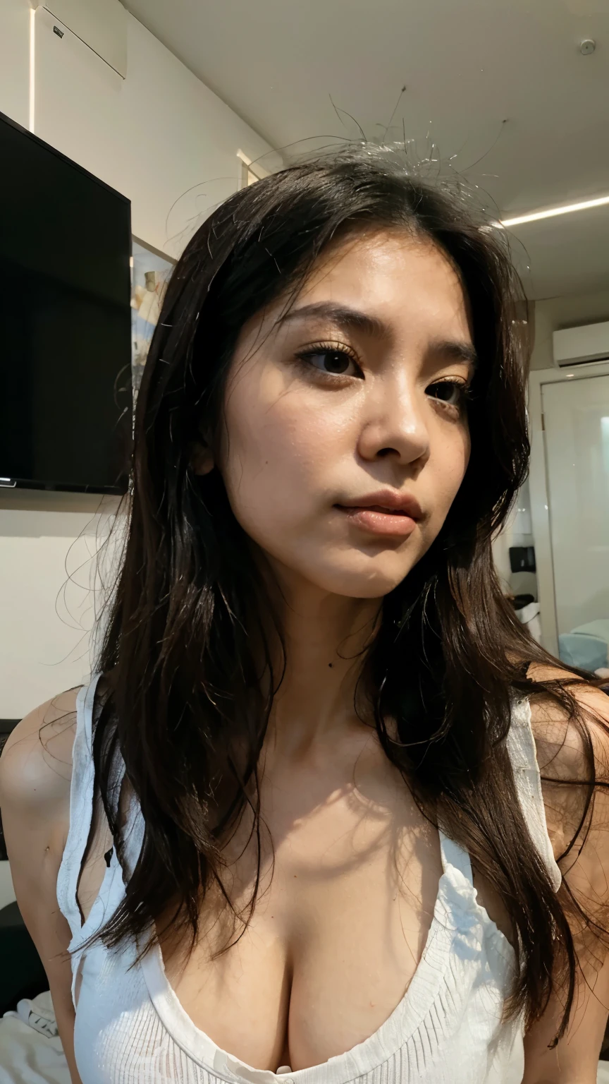 30 years old Hong Kong woman in bedroom, scratching head, look confused, white sleeveless, black long hair straight, beautiful face, mouth breathing, cleavage