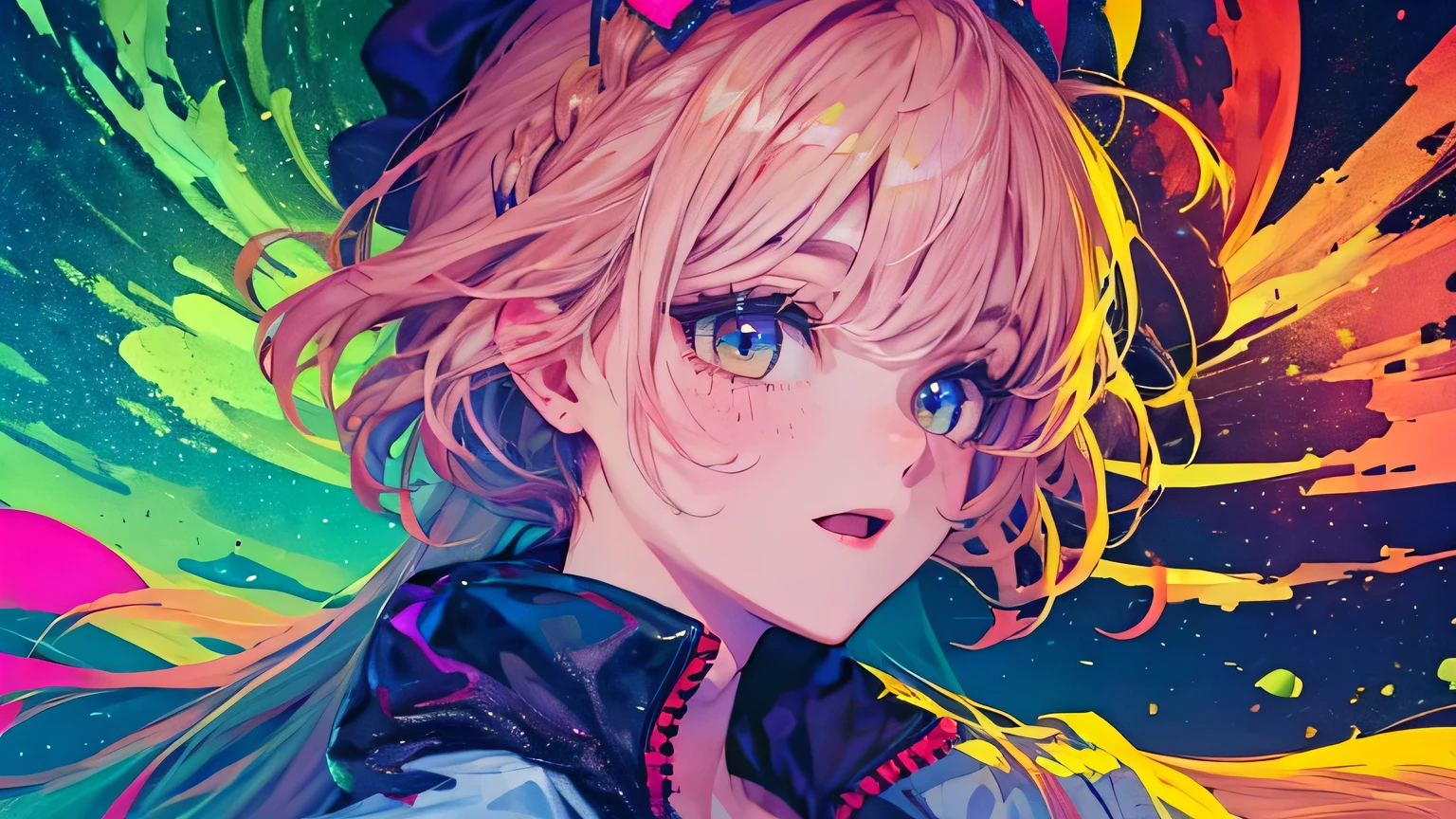 best quality, 4K wallpaper, masterpiece, extremely detailed CG unity 8k wallpaper, extremely detailed eyes, ultra-detailed, intricate details, face close up 1 happy smile shy girl in center, retro art style, neon pop abstract art style, public, highway road, lake, mountain, car