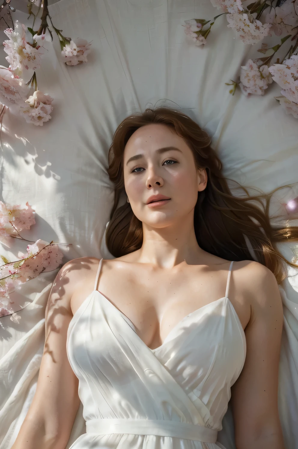 (RAW style, masterpiece, best quality, ultra-detailed), 28 years old ((Jennifer Ehle)), lying in a mass of cherry blossoms, large bust, beautiful light, cheerful and happy, arms outstretched, white chiffon dress, analog style, (skin texture, film grain), cinematic light, sidelighting, ultra high res