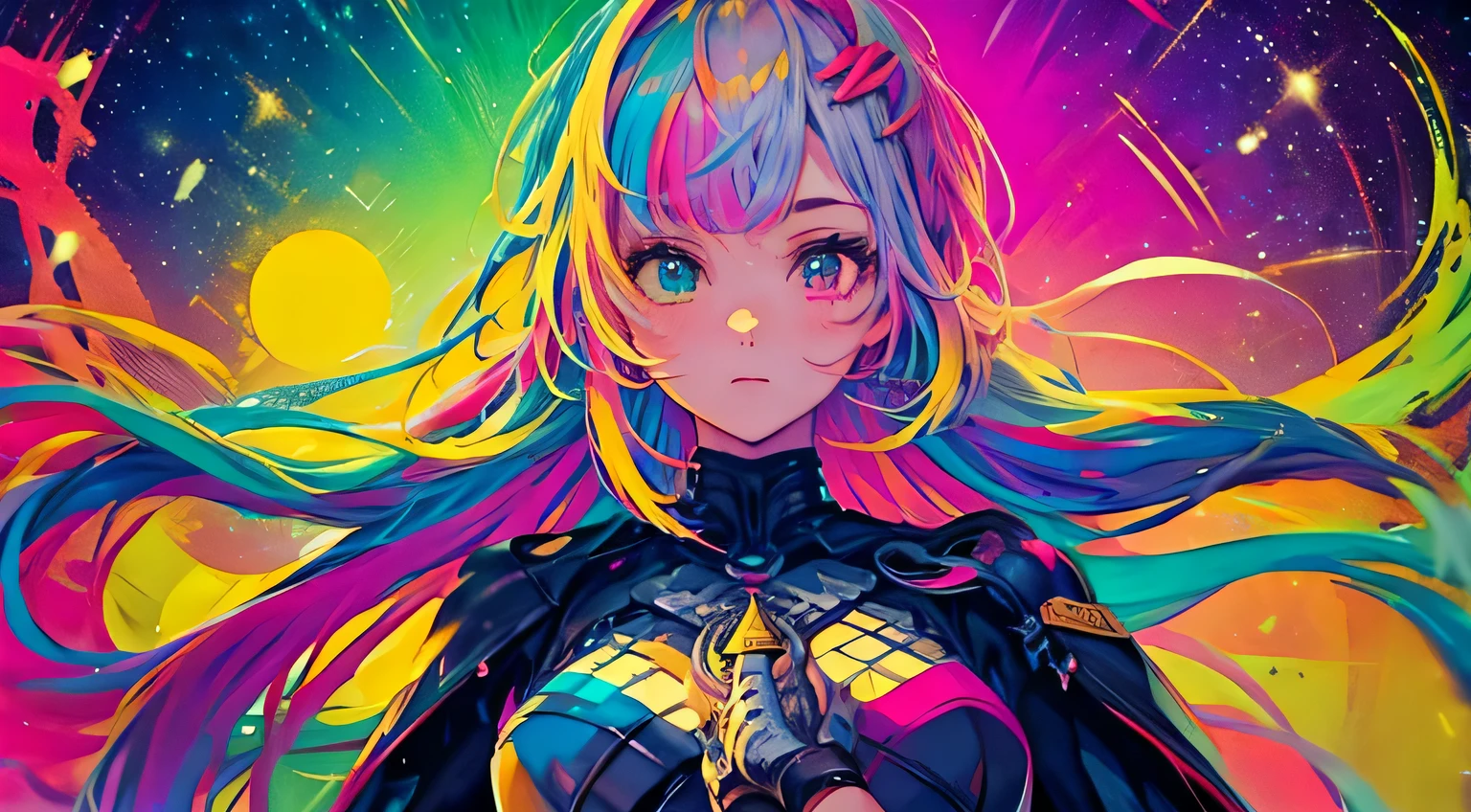 {{masterpiece}}, best quality, cinematic lighting, lens flare, medium breasts, beautiful detail eyes, multicolor hair, colorful retro light particles, heterochromia, (colorful:1.5), (colorful hair:1.5),