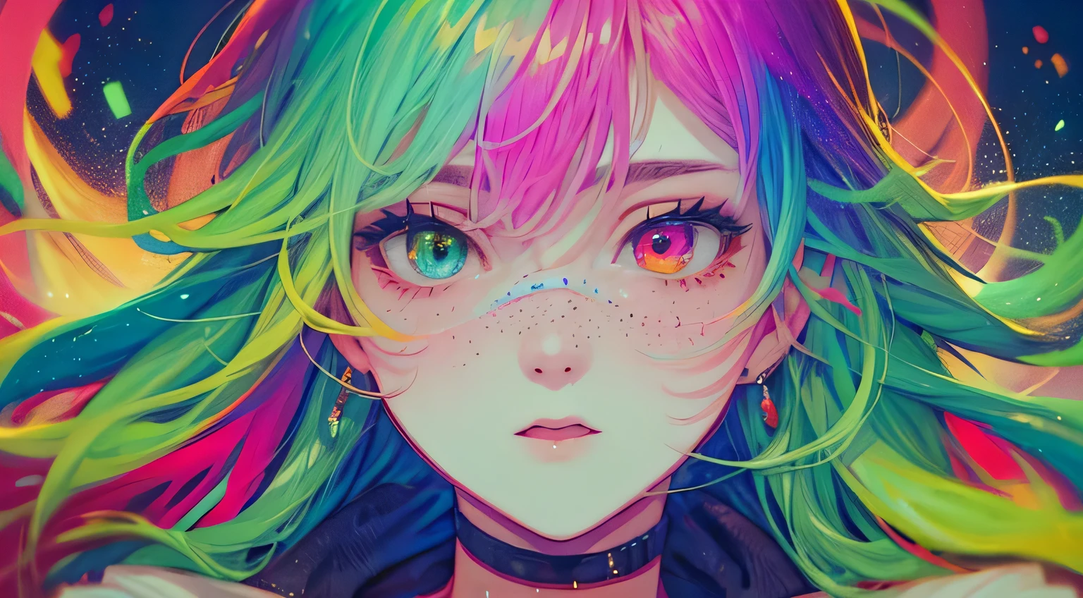 {{masterpiece}}, best quality, cinematic lighting, lens flare, medium breasts, beautiful detail eyes, multicolor hair, colorful retro light particles, heterochromia, (colorful:1.5), (colorful hair:1.5),
