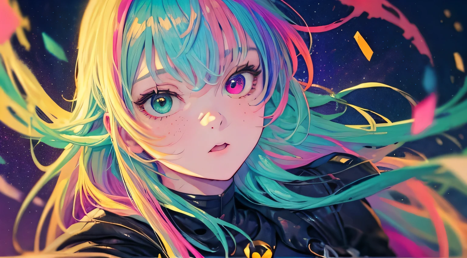 {{masterpiece}}, best quality, cinematic lighting, lens flare, medium breasts, beautiful detail eyes, multicolor hair, colorful retro light particles, heterochromia, (colorful:1.5), (colorful hair:1.5),