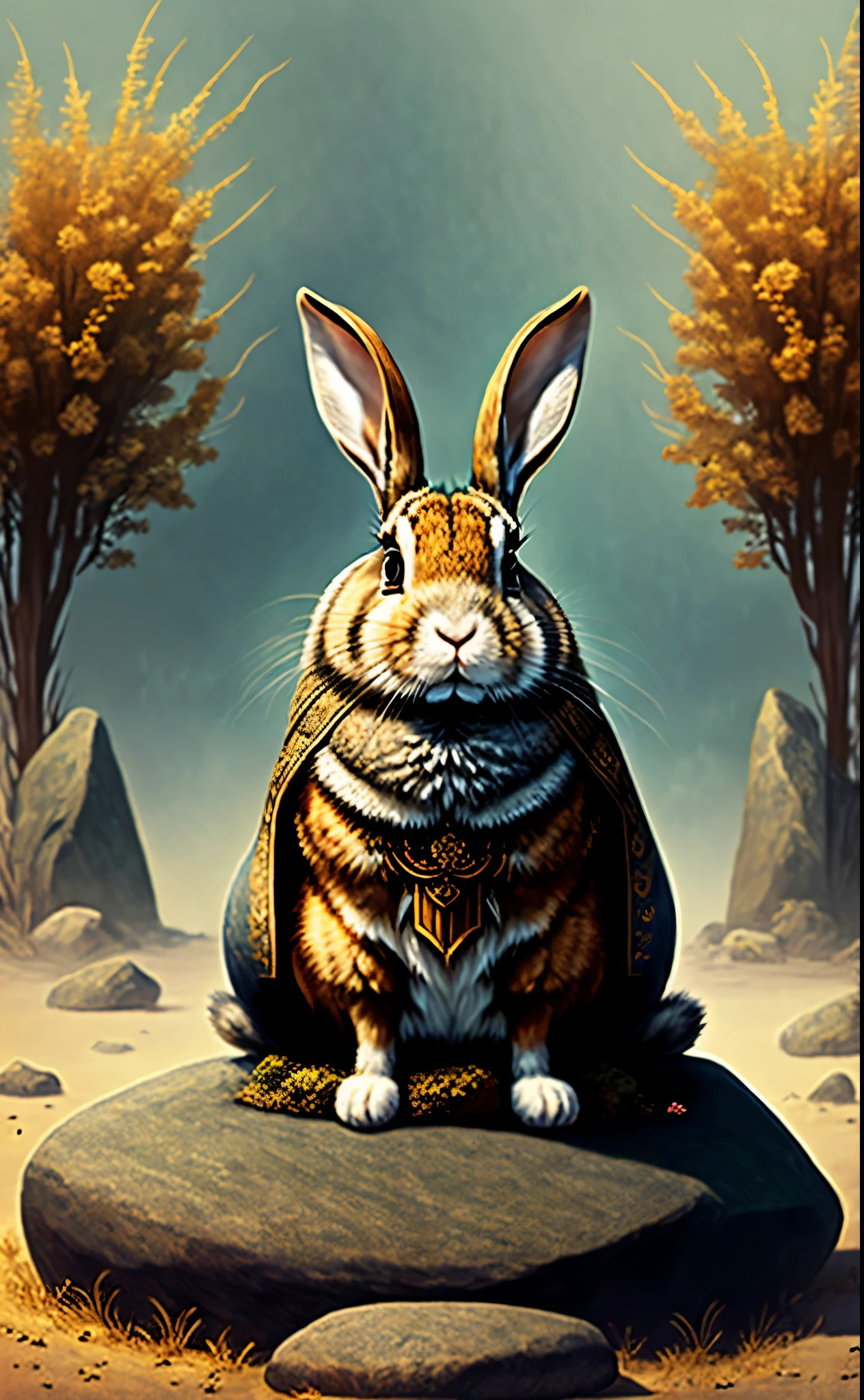 the emperor (the emperor)

"A commanding rabbit sitting on a stone throne, scepter in hand. Bad surrounding environment、barren, instill a sense of awe."