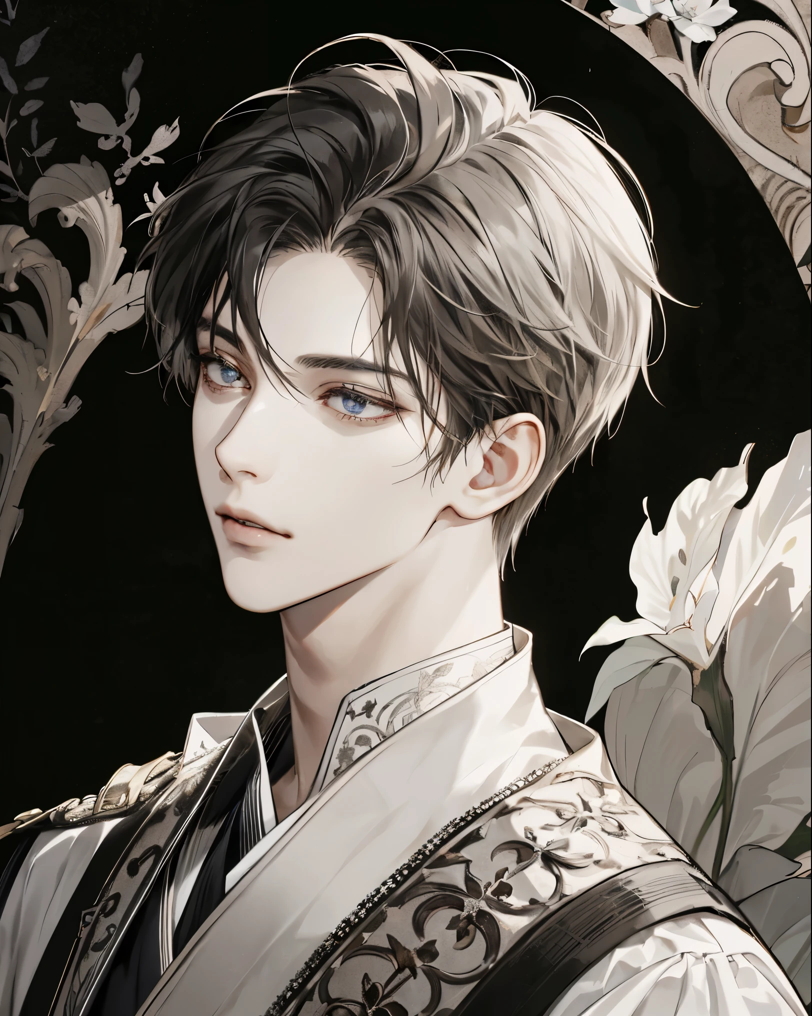 (extreamly delicate and beautiful:1.2), 8K,(шедевр:1.0),(best_quality:1.0), 2boy, and intricate detailing, Enlarged textures, and intricate detailing, finely eye and detailed face, and intricate detailing, shiraga, (closed mouths), Perfect eyes, Equal eyes, (A male god)