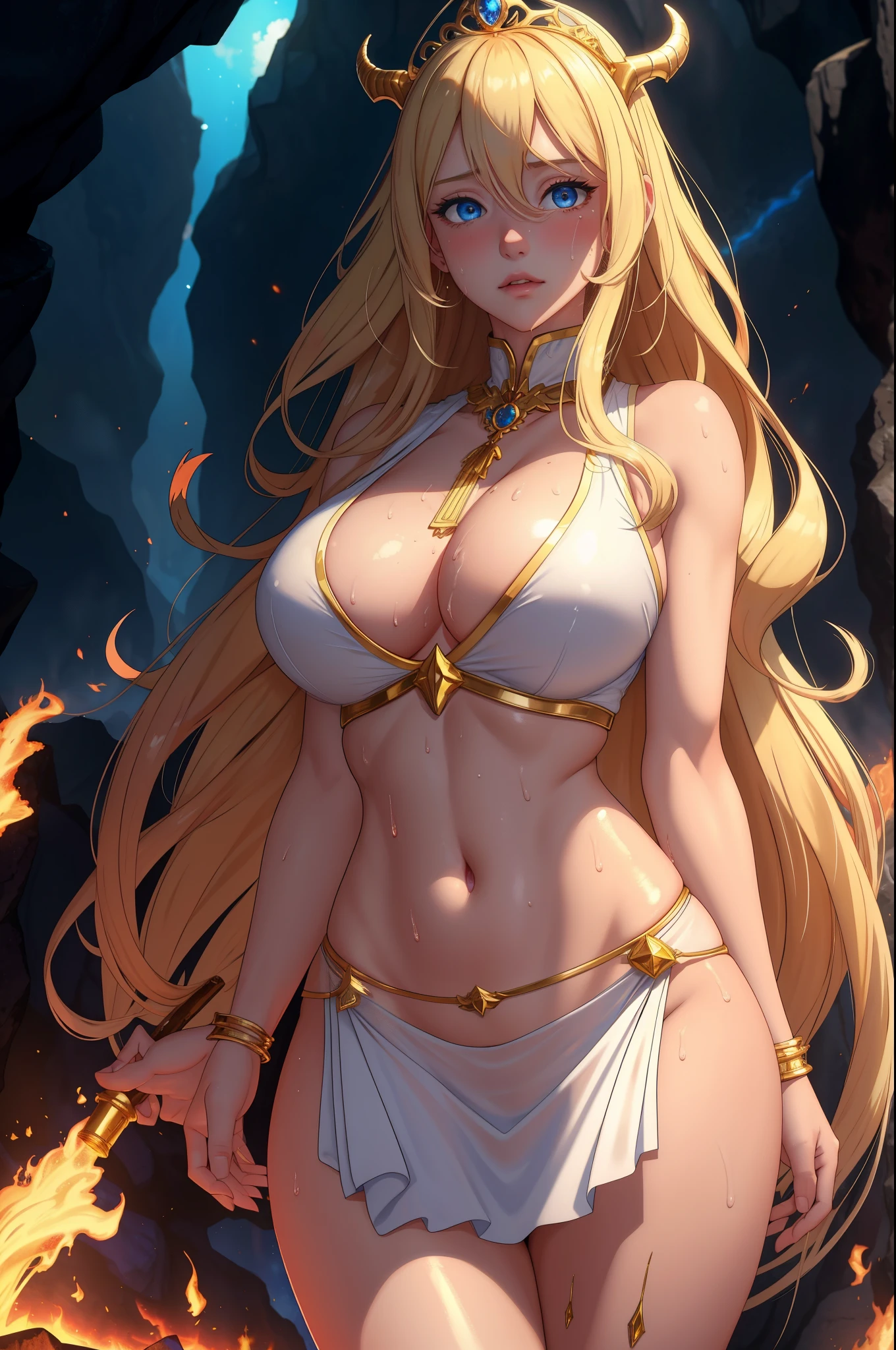 (Masterpiece)), 8k wallpaper, realistic art, from below,blond long hair, blue eyes, looking at viewer,(mega huge breasts:1.2),milf,beautiful female model, white dress, midriff, golden necklace, glossy lips, glossy skin, thighs ,embarrassed, blushing,queen tiara, standing in demon cave, place full of lava and fire,(sweating:1.3), (nipples:0.8), night 