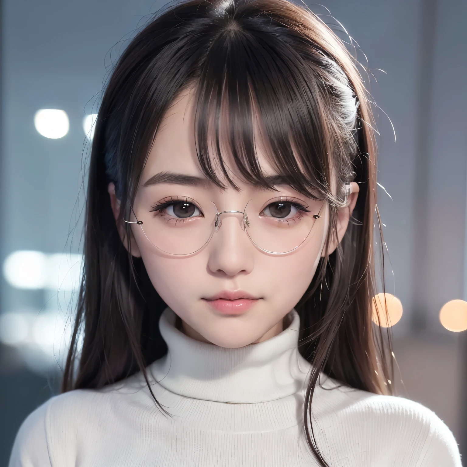 (highest quality、table top、8K、best image quality、Award-winning work、ultra high resolution)、1 female、(Turtleneck knitwear:1.3)、(elegant rimless glasses:1.1)、epic movie lighting、very moody and romantic lighting、It's snowing、Shinjuku at night、Glittering night view、blurry night view、perfect anatomy、slender body, look at me and smile、perfect makeup、long eyelashes、ultra high resolutionの煌めく瞳、ultra high resolutionの髪の毛、ultra high resolutionの艶のある唇、ultra high resolutionの美しい歯、ultra high resolutionの可愛い顔、blurred background、Premonition of romantic love、(close up of face:1.5)、(look at me and smile:1.1)