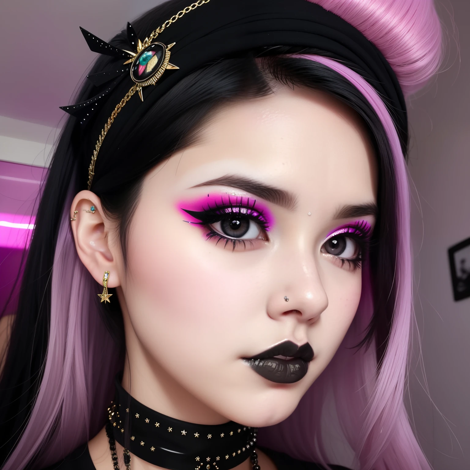 a close up of a cute girl, black hair and large eyes, 17 - year - old girl, moist shiny lips, huge silicone lips,  piercing stare, markings on her face, close up face, 