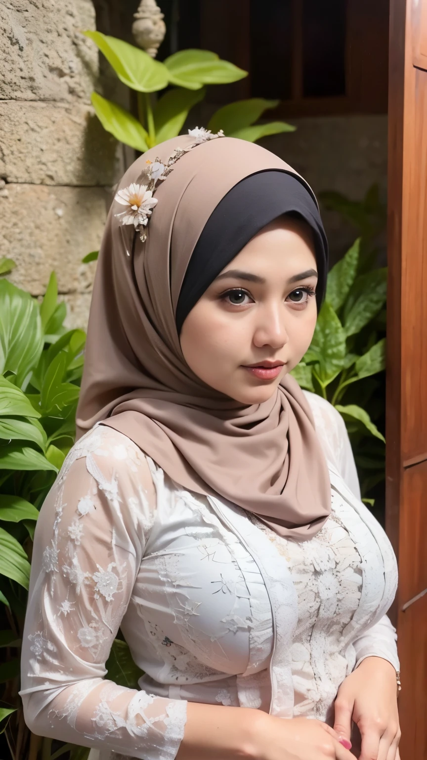 1 malay girl , modern plain hijab,  shy, full body, watery  eyes ,droopy eyes, watery, lip glossy, sad face, ((big breast)), wearing balinese kebaya, flower garden background, bokeh background, proportional body, mid shot