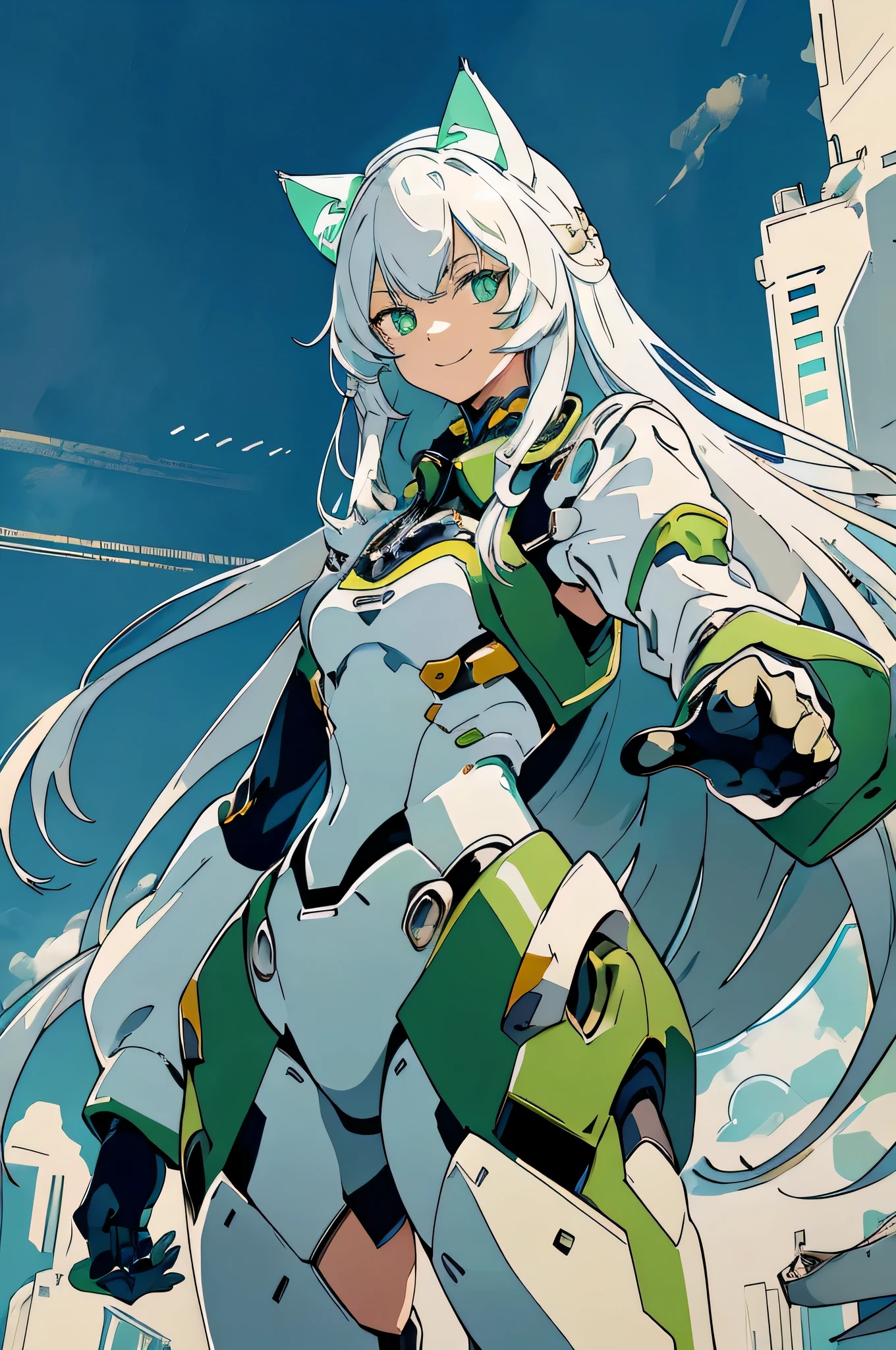 1 Cat-eared maid wearing a mecha suit, Slender fuselage,shining eyes, ((cool pointing pose)),camouflage, green and white body,((cat ears long hair)),battlefield concept art ,ink art, flat color, high contrast, fashion absurdity, highest quality, negative space,Against the background of blue sky and white clouds,With a big smile