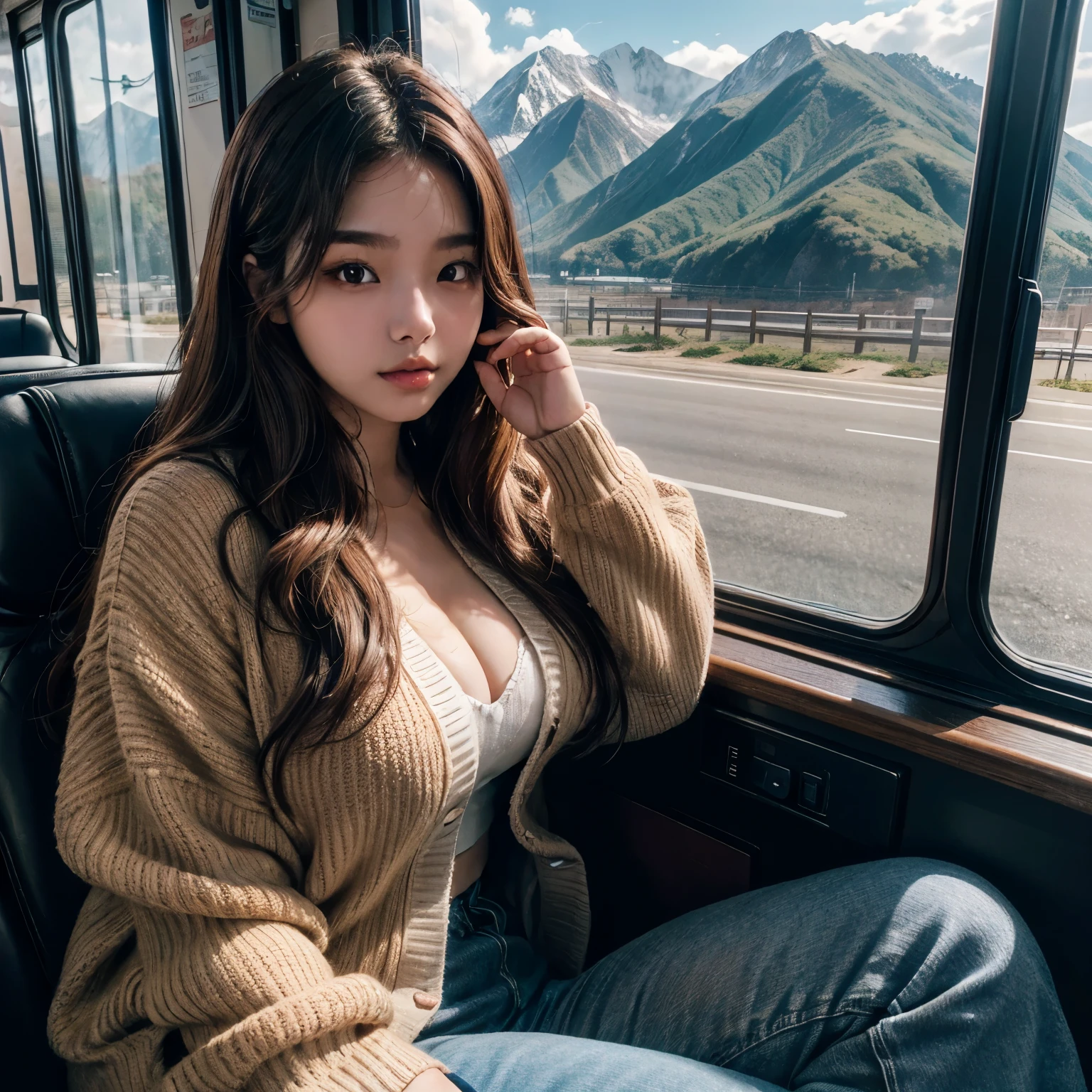 best quality,8k, Detailed facial depictions, Detailed eye description, Brown hair(long wavyhair),beautiful korean girl, 21 years old, slim body, medium breast, Sitting on the bus facing the bus window, views of the Korean mountains , wearing oversized knit cardigan , face facing out the window, focus on the view outside the window