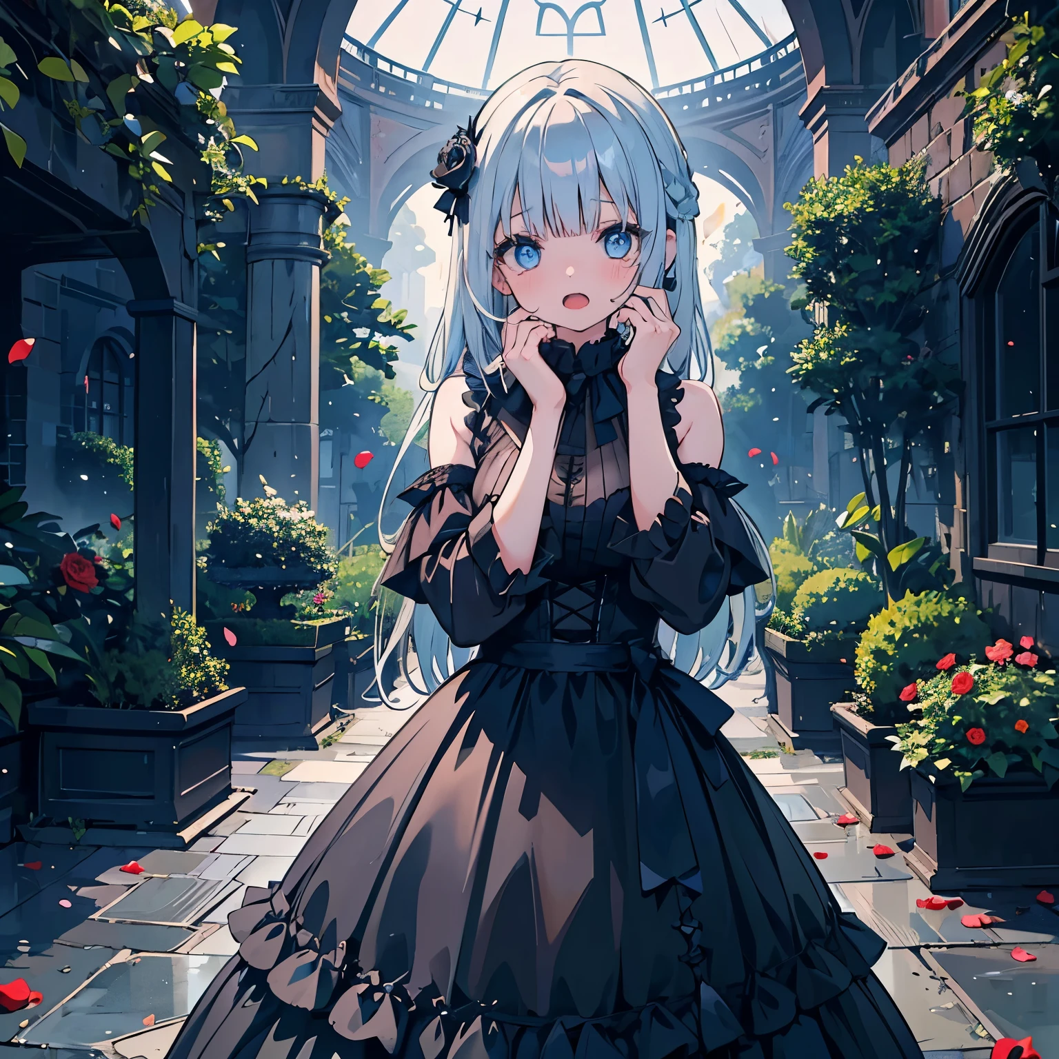 masterpiece, garden, Black Rose, sunlight, 1 girl with dancing black rose petals, Upper body, , blue eyes, light blue hair,scared tearful, watery eyes, ((straight hair)), [[long hair]], blunt bangs, ruffle dress, gothic dress, cute eyes,　hands behind head　Are standing, open mouth