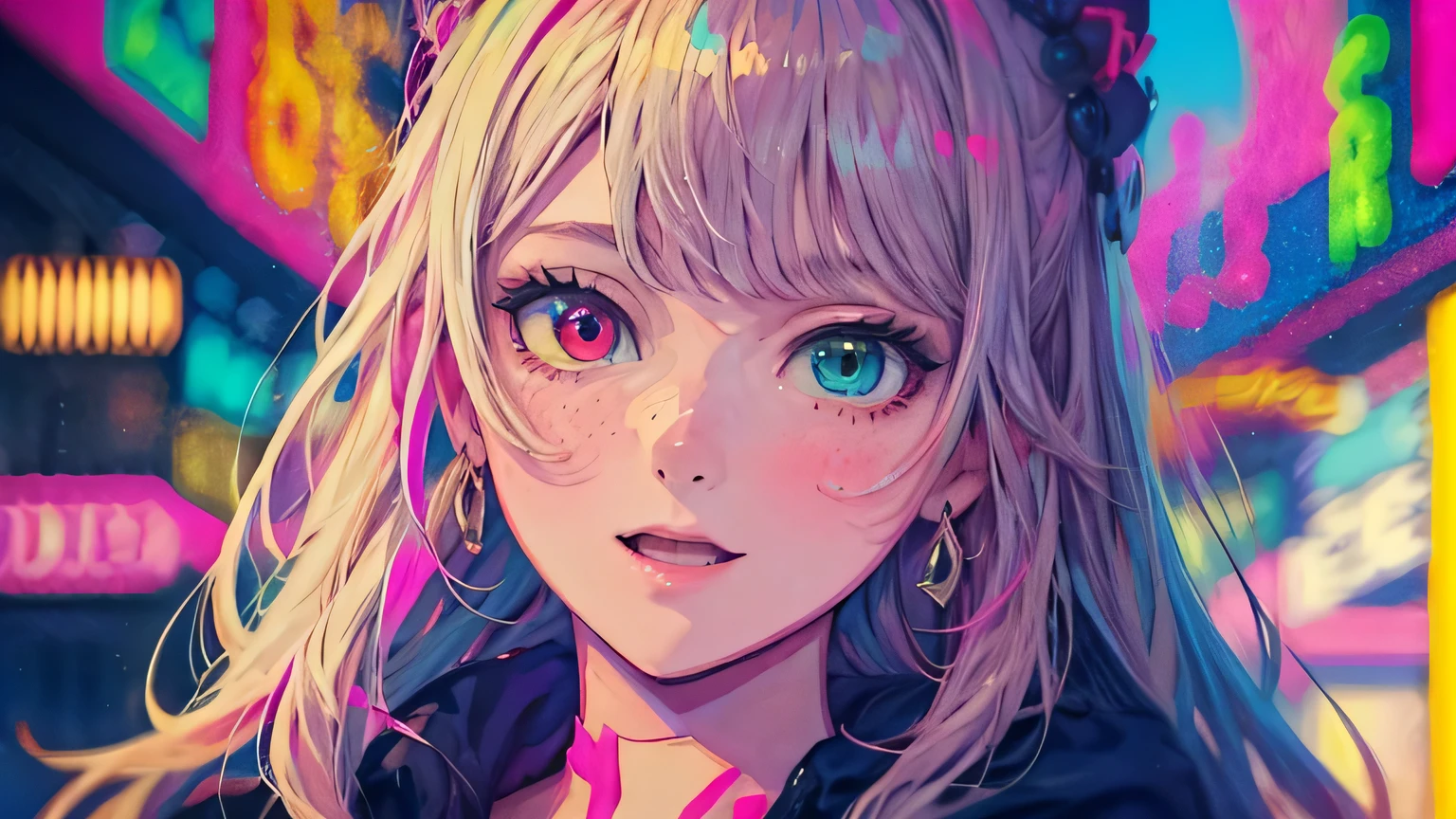 best quality, 4K wallpaper, masterpiece, extremely detailed CG unity 8k wallpaper, extremely detailed eyes, ultra-detailed, intricate details, face close up 1 happy smile shy girl in center, heterochromia, retro art style, neon pop abstract art style, public, highway road, lake, mountain, car