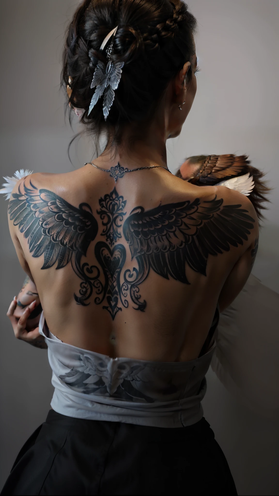 arafed woman with a tattoo on her back and a tattoo on her arm, large wings on back, symmetrical wings on back, wings on back, angelic wings on her back, big angel wings on back, beautiful realistic upper body, detailed wings, black wings instead of arms, with wings. ultra-detailed, back tattoo, beautiful opened wings