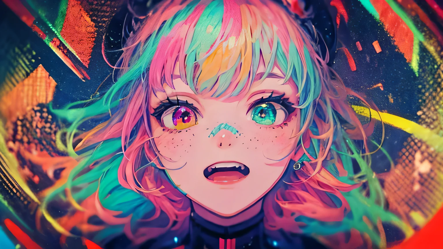 a girl from the danganronpa anime with long turquoise blue hair with green and pink streaks, pink eyes with stars,medium big tits, kibougamine academy uniform, piercings, thick red lips, crying inconsolably and screaming with her face full of her tears because she lost her real love she can’t contain herself and scream very loudly 