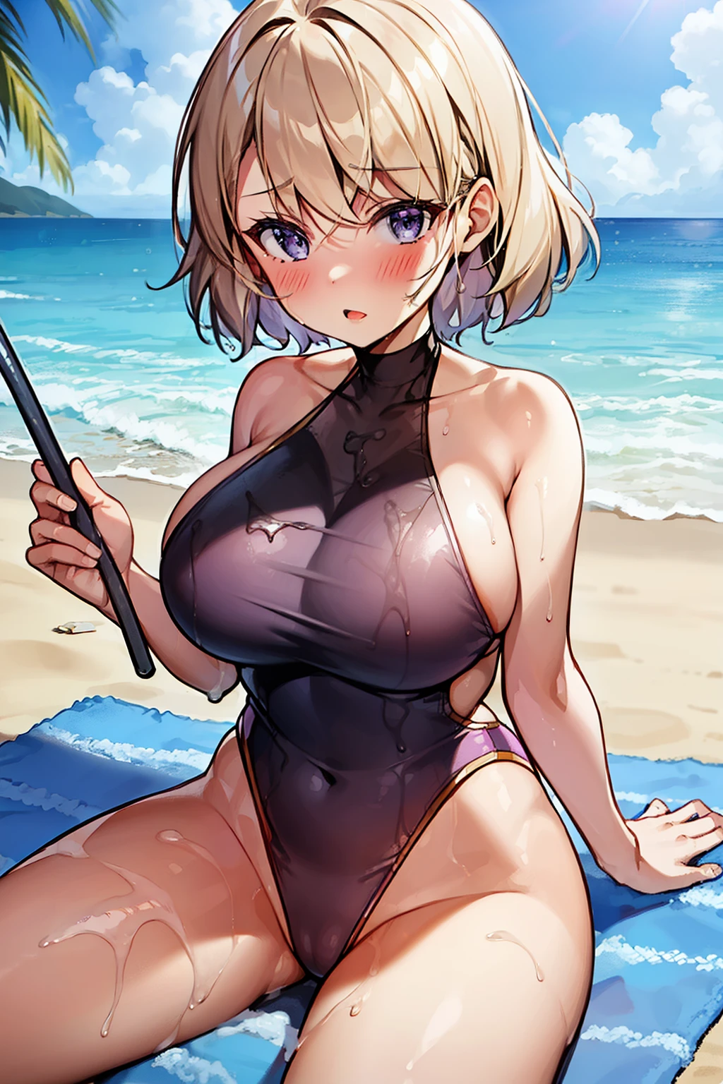 woman, short_hair, blush, bangs, bow, blue_eyes, blonde_hair, purple_eyes, medium_breasts, hair_between_eyes, swimsuit, one-piece-swimsuit, wet, dripping, towel, sitting, sitting on towel, beach