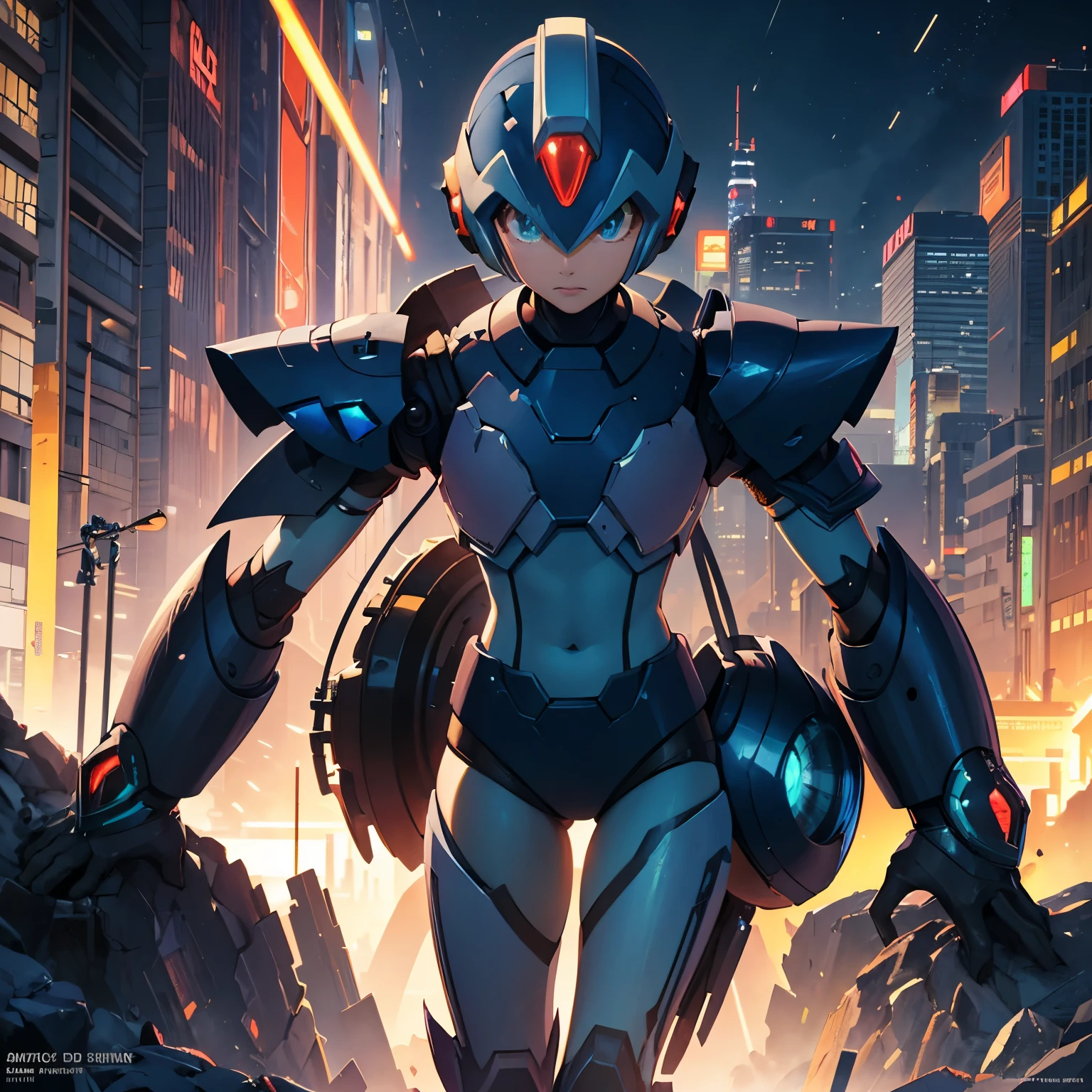 x_megamanx, solo, 1boy, male focus, helmet, android, blue armor, green eyes, masterpiece, high quality, arm cannon, sitting on the border of the top of a building Tokyo - bak cyberpunk city at the background, ssci - fi, fantasy, intricate, very very beautiful, elegant, neon light, highly detailed, digital painting, artstation, concept art, human anatomy, soft light, smooth, illustration, by tian zi and artgerm and greg rutkowski and alphonse mucha and loish and WLOP