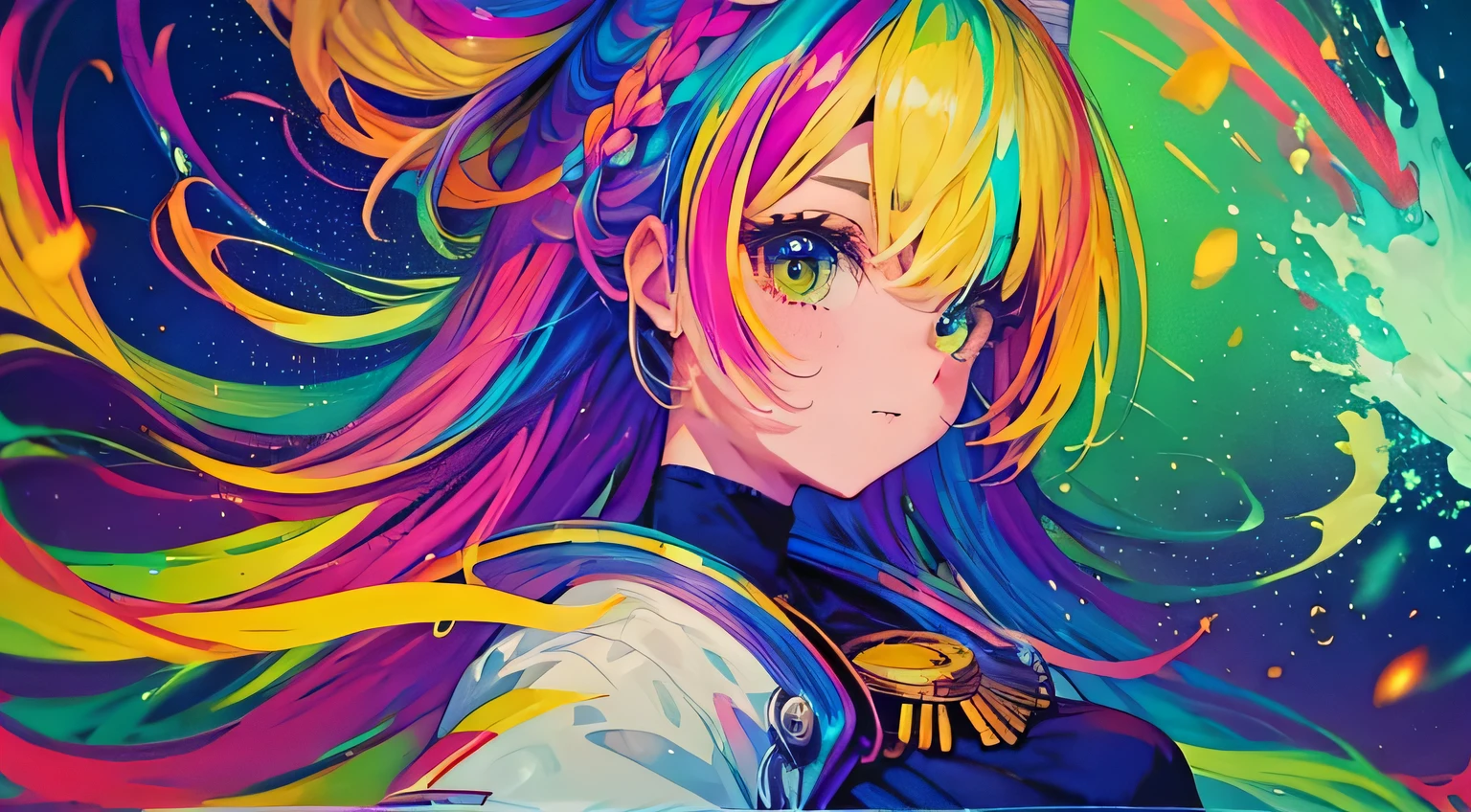 {{masterpiece}}, best quality, cinematic lighting, lens flare, retro girl, medium breasts, beautiful detail eyes, multicolor hair, colorful retro light particles, heterochromia, (colorful:1.5), (colorful hair:1.5),
