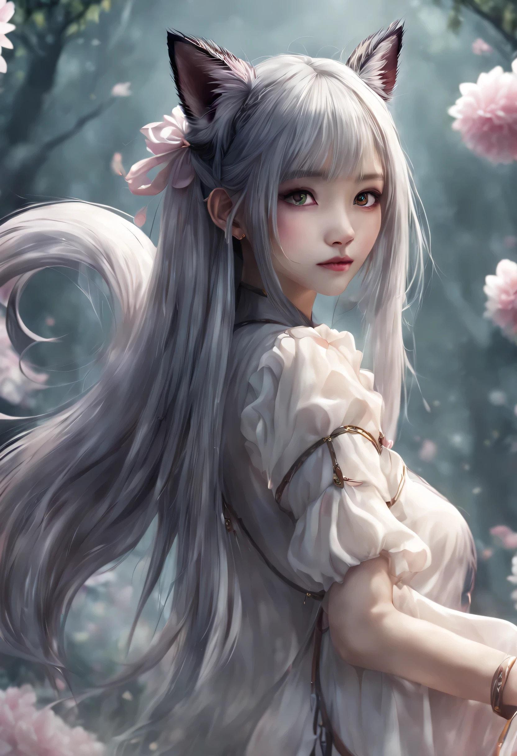 (((good fingers)))，Fox Goddess, beautiful girl, silk, cloud, fox tails, Witch costume, pond, (Bokeh), Fantasy food, Confinement, (ultra high resolution), 8k, human development report, (masterpiece) Notice：The content marked in brackets is the key part of the label.。Here are the tips after conversion： "Fox Goddess, 一个beautiful girl与 (Detailed and engaging) Eye, (Sweet and charming) lips, And an extremely detailed face, Wearing silk Mikko clothing, Sitting on a moon-shaped stone in a mysterious forest. The sky above is filled with fluffy clouds, 森林倒映在寧靜的pond里. 女孩有一條雄偉的fox tails, This adds to her ethereal look. The scene is a (Soft and dreamy) Bokeh effect, Create a feeling of magic and wonder. This artwork was created in (ultra high resolution) Resolution is 8K, Capture every intricate detail and enhance the visual experience. The image is brought to life with human development report technology, Highlight bright colors and (Real and immersive) atmosphere. This creation is indeed a (masterpiece) in the fantasy genre."