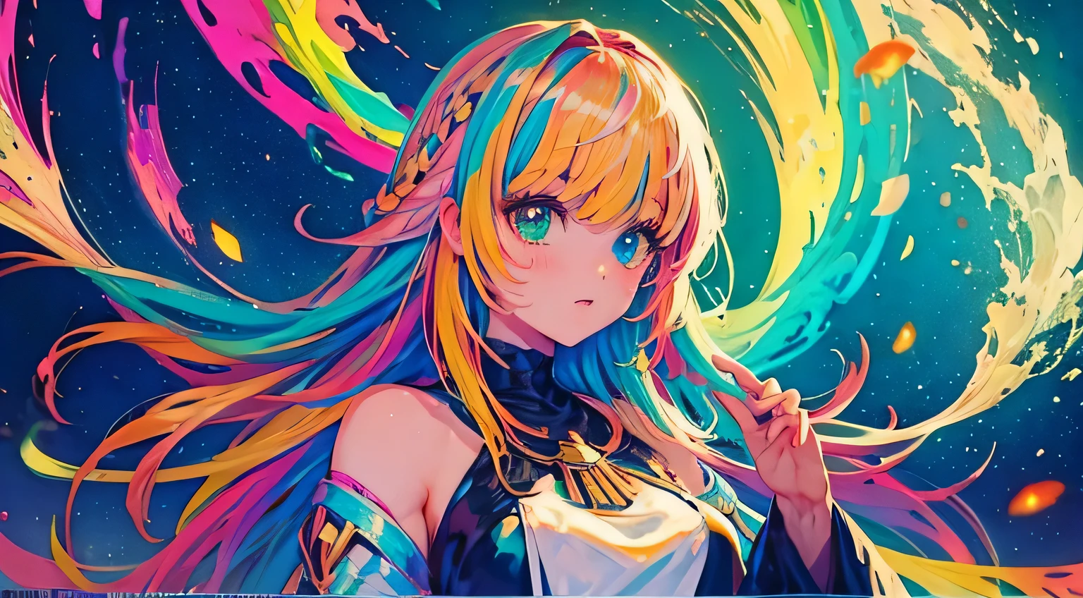 {{masterpiece}}, best quality, cinematic lighting, lens flare, retro girl, medium breasts, beautiful detail eyes, multicolor hair, colorful retro light particles, heterochromia, (colorful:1.5), (colorful hair:1.5),