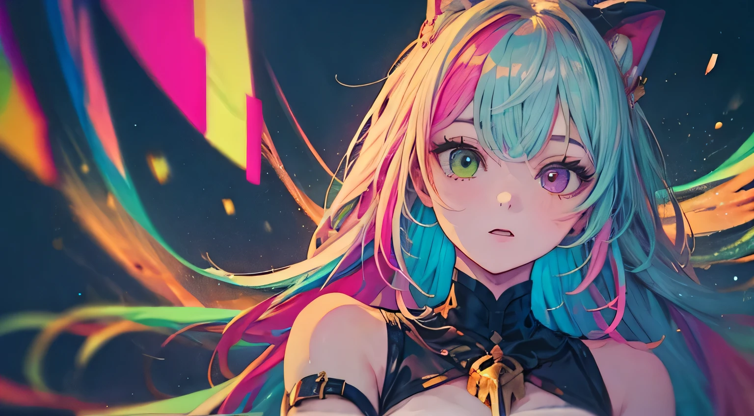 {{masterpiece}}, best quality, cinematic lighting, lens flare, retro girl, medium breasts, beautiful detail eyes, multicolor hair, colorful retro light particles, heterochromia, (colorful:1.5), (colorful hair:1.5),