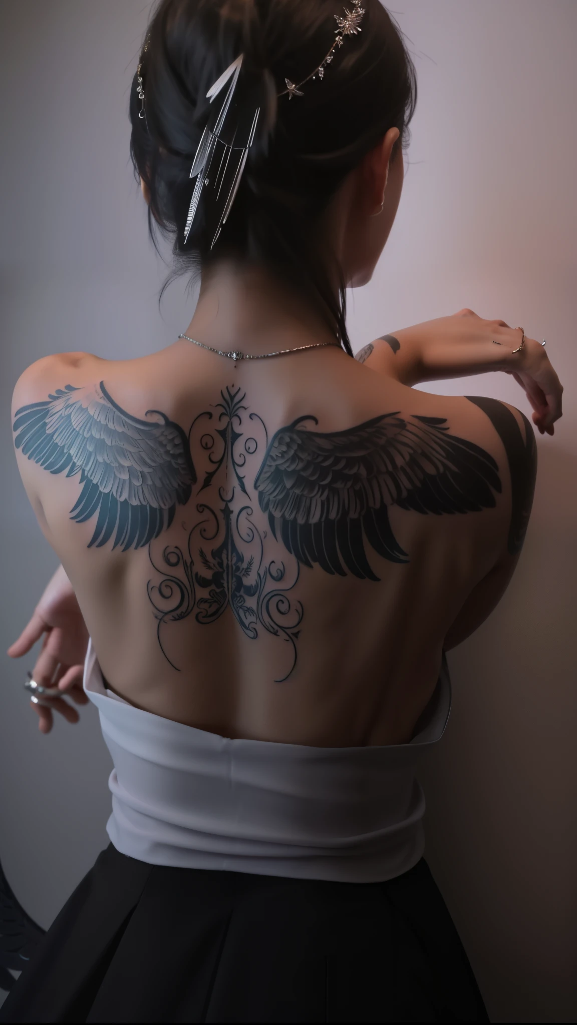 arafed woman with a tattoo on her back and a tattoo on her arm, large wings on back, symmetrical wings on back, wings on back, angelic wings on her back, big angel wings on back, beautiful realistic upper body, detailed wings, black wings instead of arms, with wings. ultra-detailed, back tattoo, beautiful opened wings