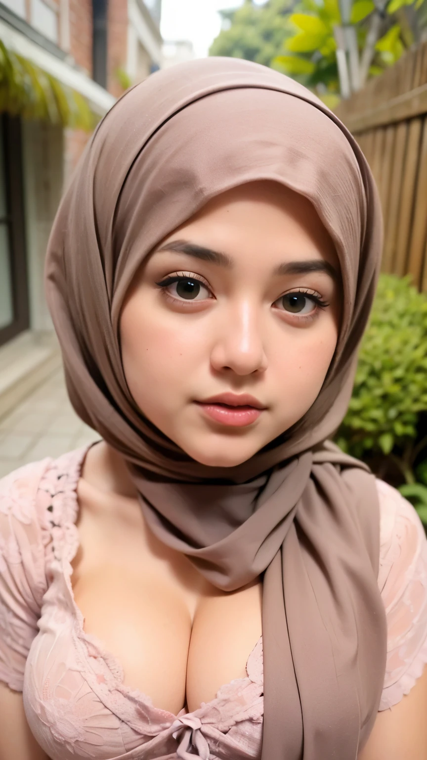 1 malay girl , modern plain hijab,  shy, medium portrait shot , watery  eyes ,droopy eyes, watery, lip glossy, sad face, ((big breast)), wearing balinese kebaa, flower garden background, bokeh background, proportional body,