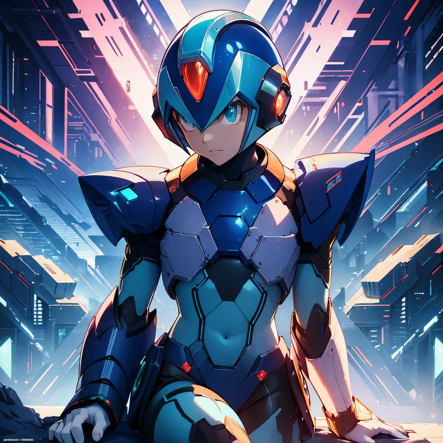 x_megamanx, solo, 1boy, male focus, helmet, android, blue armor, green eyes, masterpiece, high quality, arm cannon, sitting on the border of the top of a building Tokyo - bak cyberpunk city at the background, ssci - fi, fantasy, intricate, very very beautiful, elegant, neon light, highly detailed, digital painting, artstation, concept art, human anatomy, soft light, smooth, illustration, by tian zi and artgerm and greg rutkowski and alphonse mucha and loish and WLOP