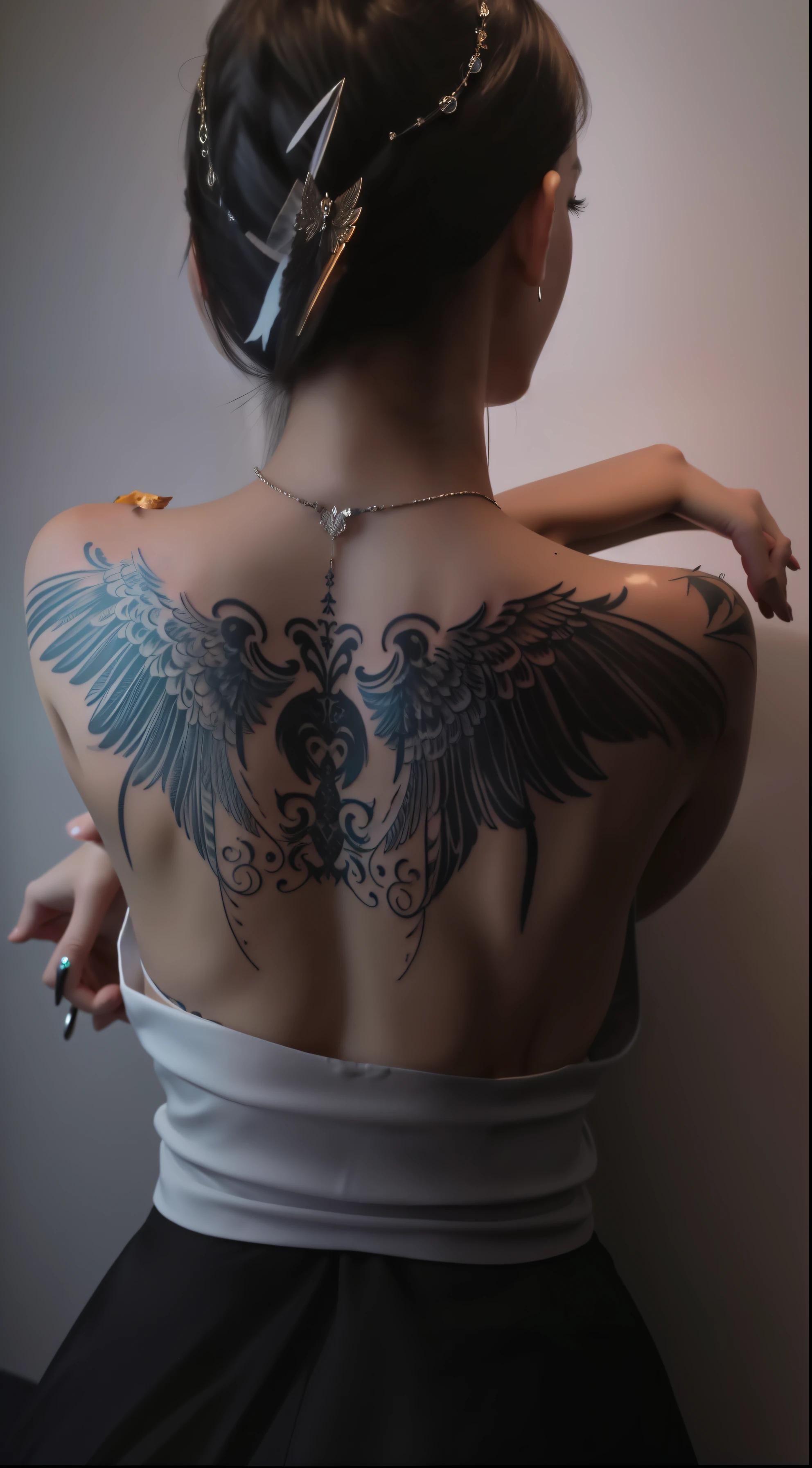 arafed woman with a tattoo on her back and a tattoo on her arm, large wings on back, symmetrical wings on back, wings on back, angelic wings on her back, big angel wings on back, beautiful realistic upper body, detailed wings, black wings instead of arms, with wings. ultra-detailed, back tattoo, beautiful opened wings