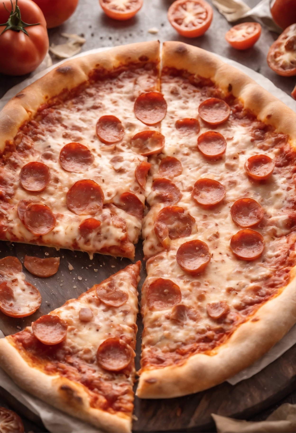 A pepperoni pizza falling in pieces juicy, tasty, hot, promotional photo, intricate details, hdr, cinematic, adobe lightroom, highly detailed