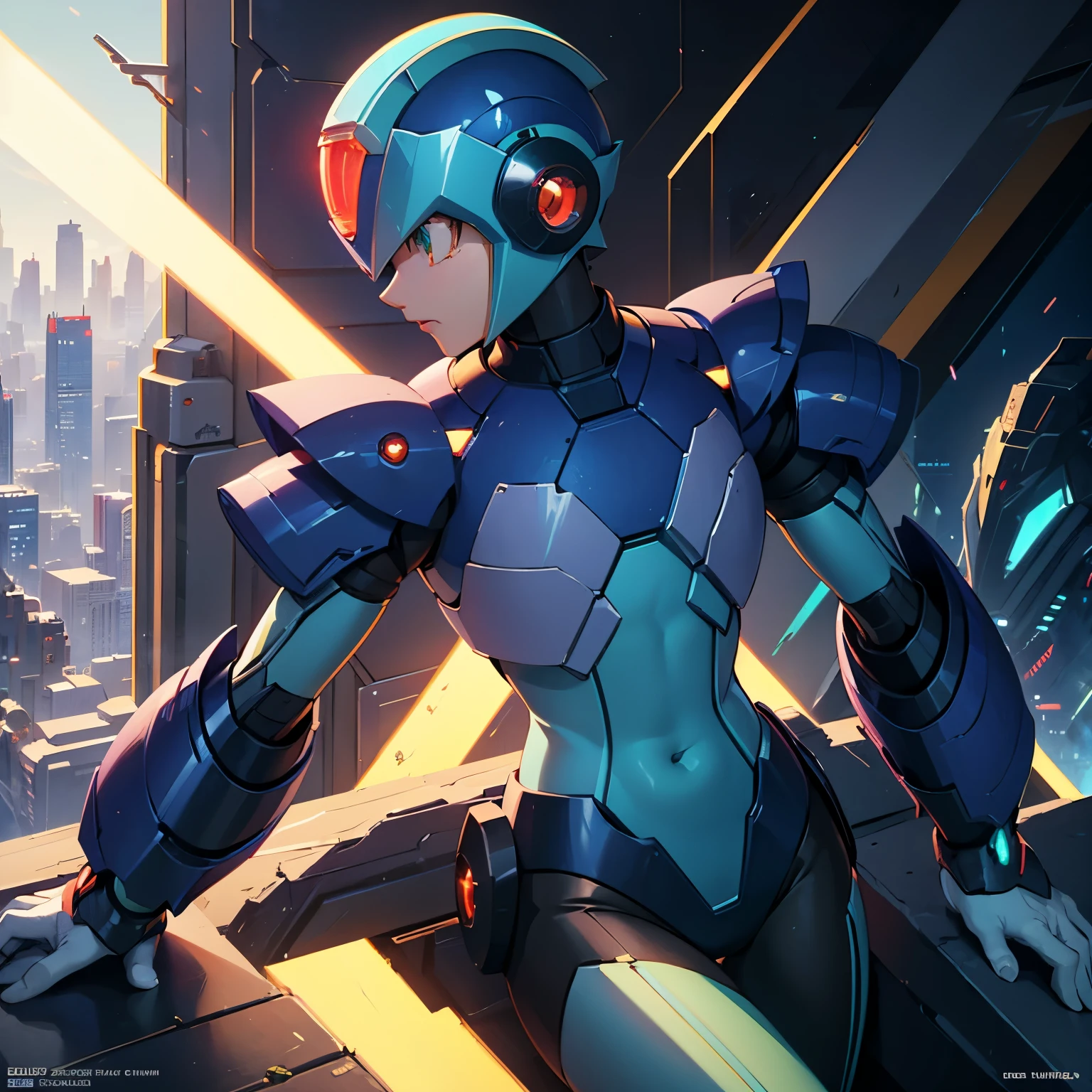 x_megamanx, solo, 1boy, male focus, helmet, android, blue armor, green eyes, masterpiece, high quality, arm cannon, sitting on the border of the top of a building Tokyo - bak cyberpunk city at the background, ssci - fi, fantasy, intricate, very very beautiful, elegant, neon light, highly detailed, digital painting, artstation, concept art, human anatomy, soft light, smooth, illustration, by tian zi and artgerm and greg rutkowski and alphonse mucha and loish and WLOP