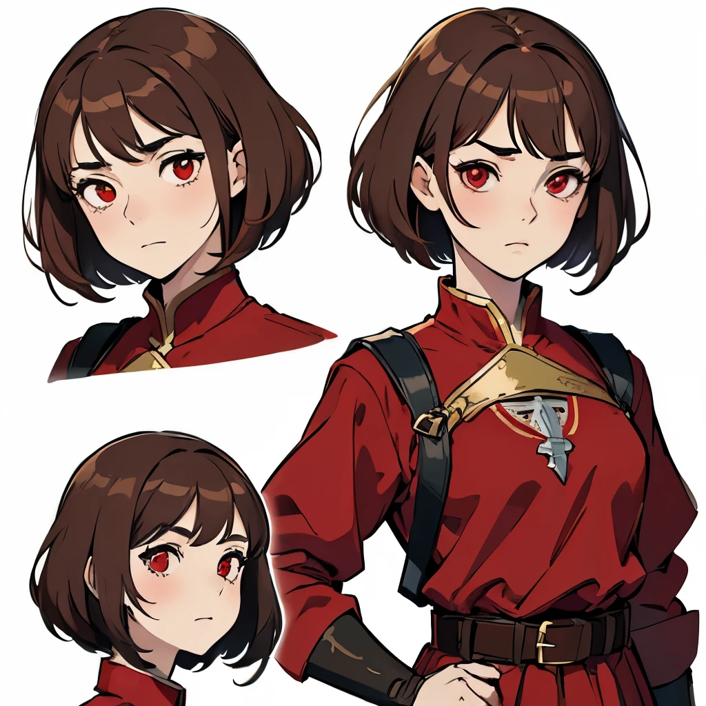 ((expressions sheet)), (simplified face portrait), (headshot) (sketch art), (masterpiece, sidelighting, finely detailed red eyes: 1.2), anime, solo, 1girl, small girl, childish body, unsatisfied expression, bored, pale skin, short brown hair, messy haircut, (fantasy medieval clothes)), (red shirt), ((belts on clothes)),