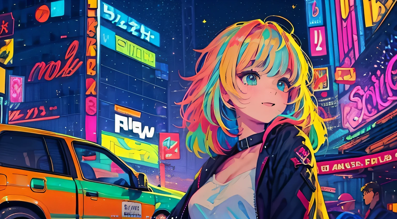a close up of a beautiful girl sitting on a car with a coin, in style of, cyberpunk art style, art deco outrun anime aesthestic, digital art style, cyberpunk vibes, lofi artstyle, anime style 4 k, style digital painting, inspired by Liam Wong, stunning art style, badass anime 8 k, cyberpunk vibe, 4k detailed digital art