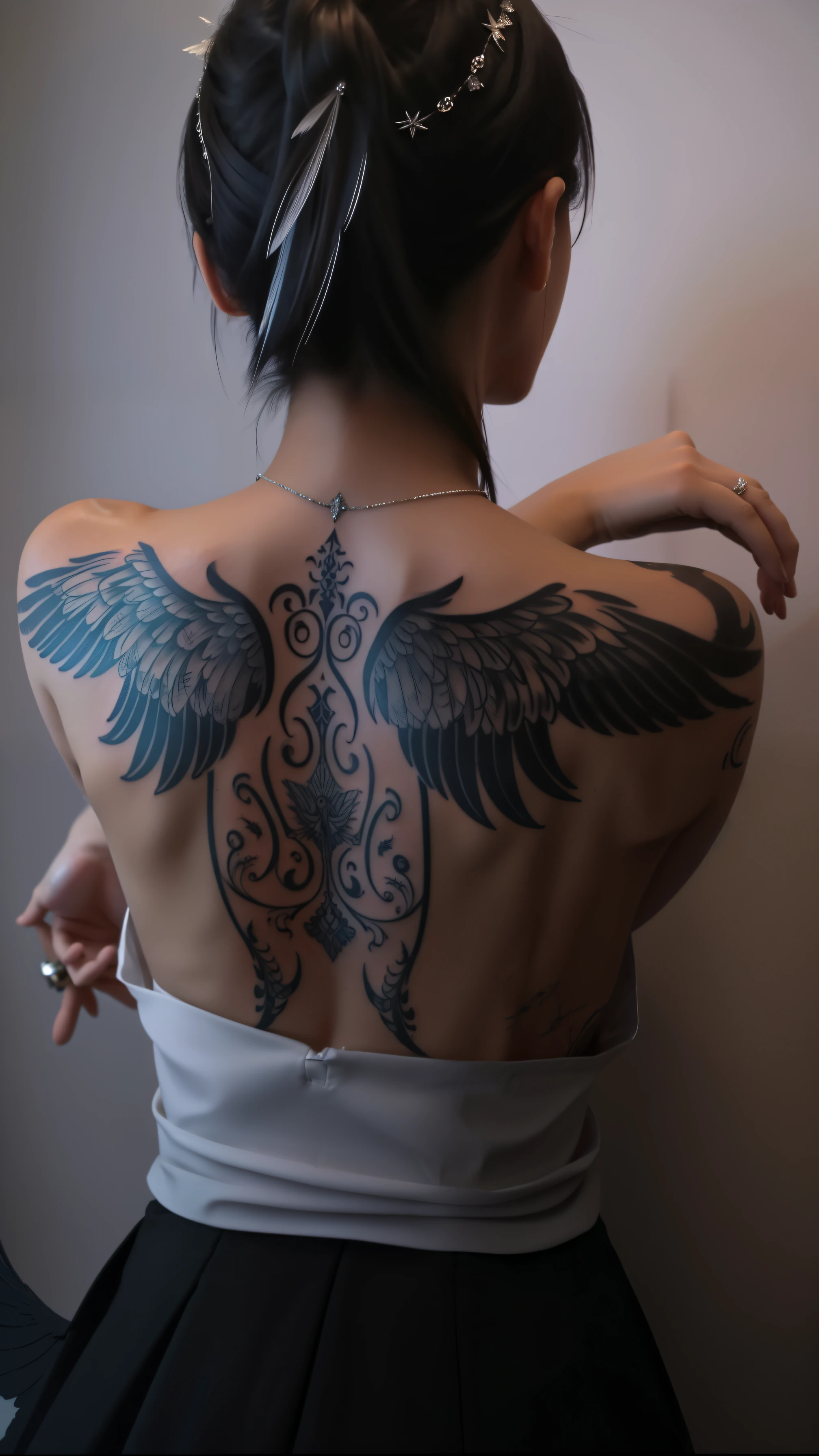 arafed woman with a tattoo on her back and a tattoo on her arm, large wings on back, symmetrical wings on back, wings on back, angelic wings on her back, big angel wings on back, beautiful realistic upper body, detailed wings, black wings instead of arms, with wings. ultra-detailed, back tattoo, beautiful opened wings