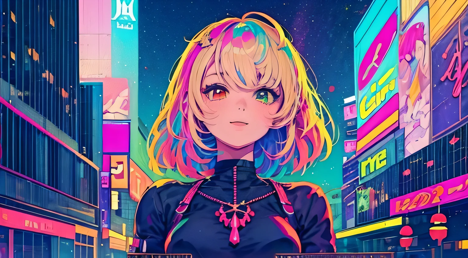 {{masterpiece}}, best quality, cinematic lighting, lens flare,1 happy smile shy retro girl in center, medium breasts, beautiful detail eyes,  multicolor hair, colorful retro light particles, retro building and car, heterochromia, (colorful:1.5), (colorful hair:1.5),