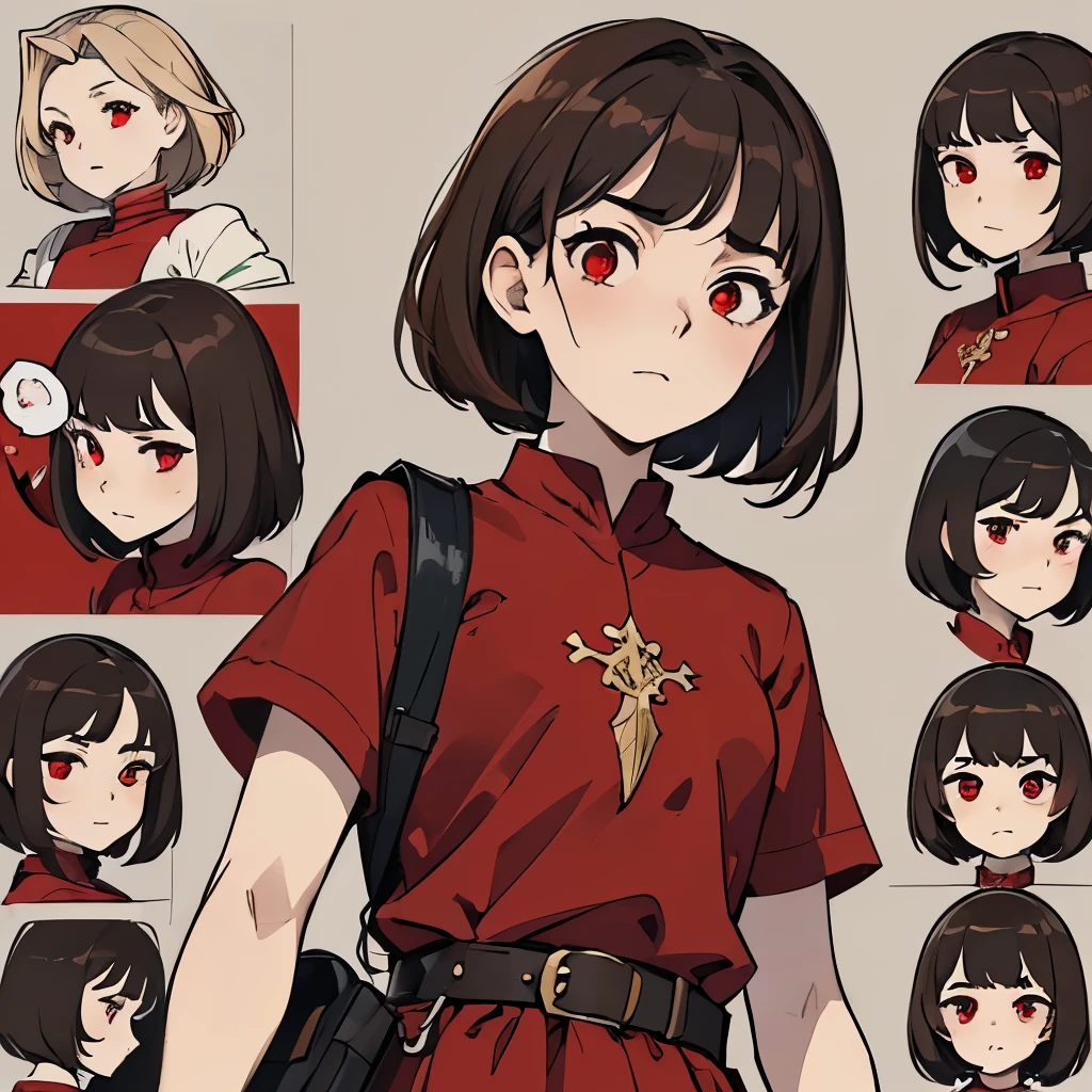 ((expressions sheet)), (simplified face portrait), (headshot) (sketch art), (masterpiece, sidelighting, finely detailed red eyes: 1.2), anime, solo, 1girl, small girl, childish body, unsatisfied expression, bored, pale skin, short brown hair, messy haircut, (fantasy medieval clothes)), (red shirt), ((belts on clothes)), 