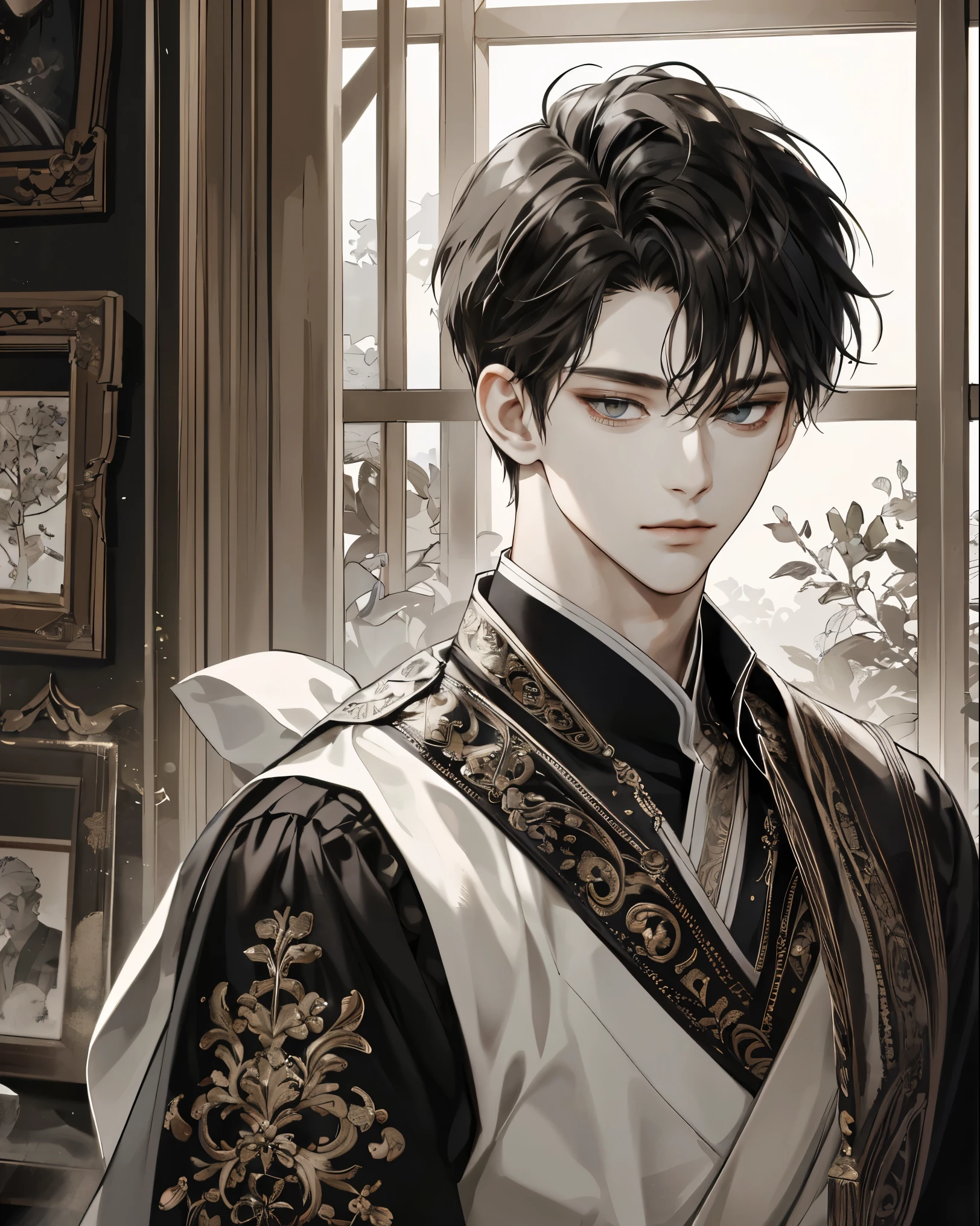 (extreamly delicate and beautiful:1.2), 8K,(шедевр:1.0),(best_quality:1.0), 2boy, and intricate detailing, Enlarged textures, and intricate detailing, finely eye and detailed face, and intricate detailing, shiraga, (closed mouths), Perfect eyes, Equal eyes, (A male god)