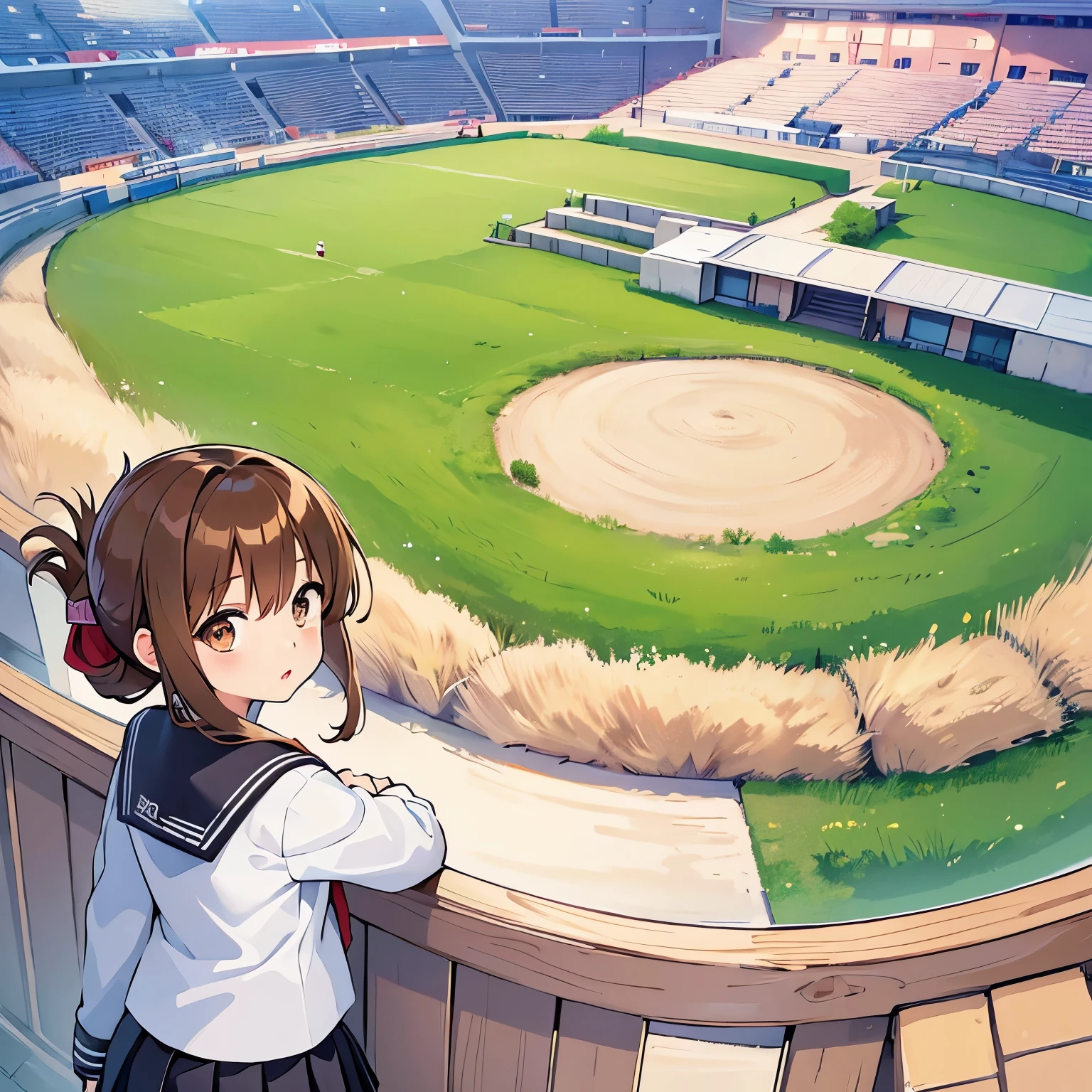 (masterpiece, best quality:1.2),illustration,8k,hd,1girl,solo,upper body,(portrait:1.2),brown_hair,folded_ponytail,brown_eyes,serafuku,long_hair,school_uniform,skirt,pleated_skirt,
