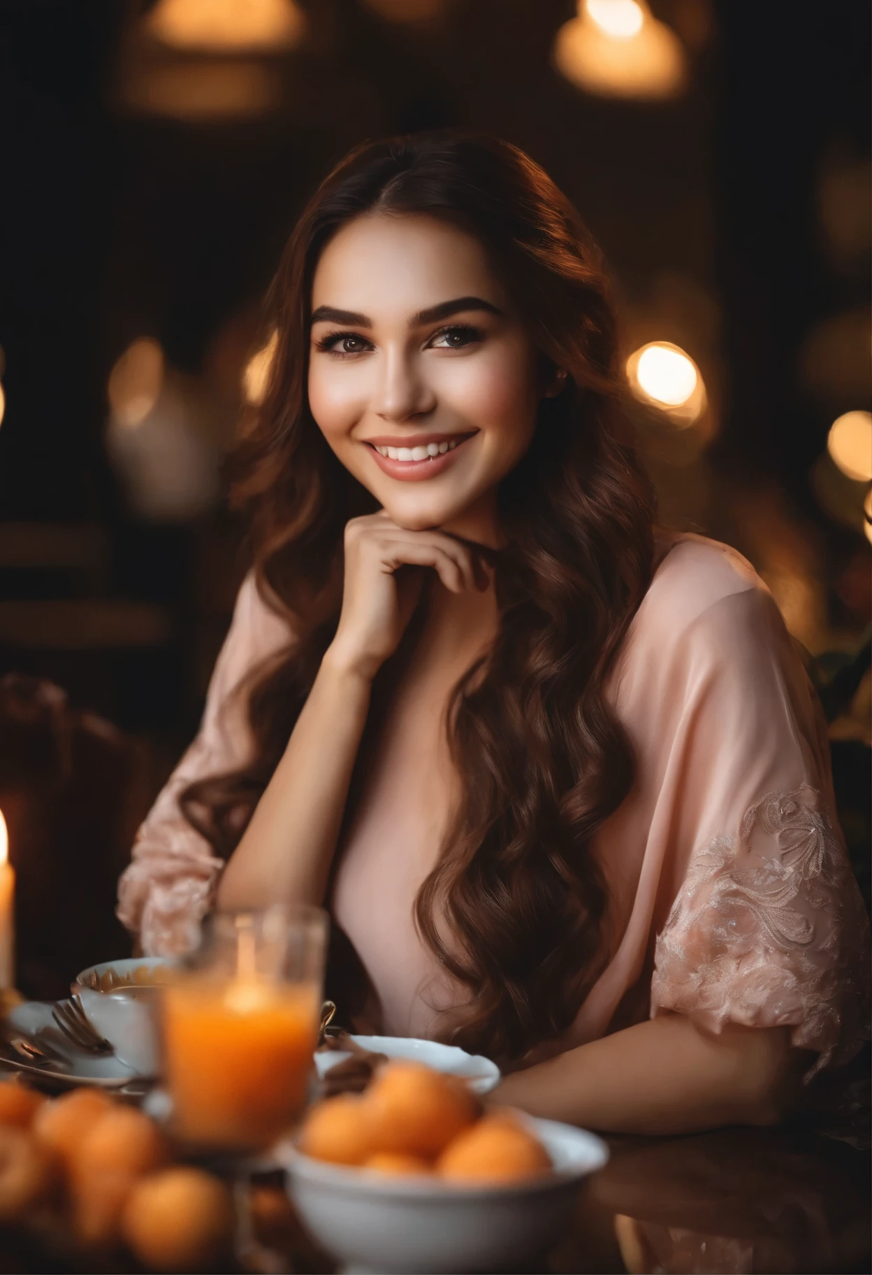 amazing, surprising, superior picture quality, real, Girl, (Beautiful Face 1.4), (big, Narrow waist), long hair, Inside, peach, beautiful light, Shiny skin, Small head, He smiles, Gala Dinner, Holding a cup